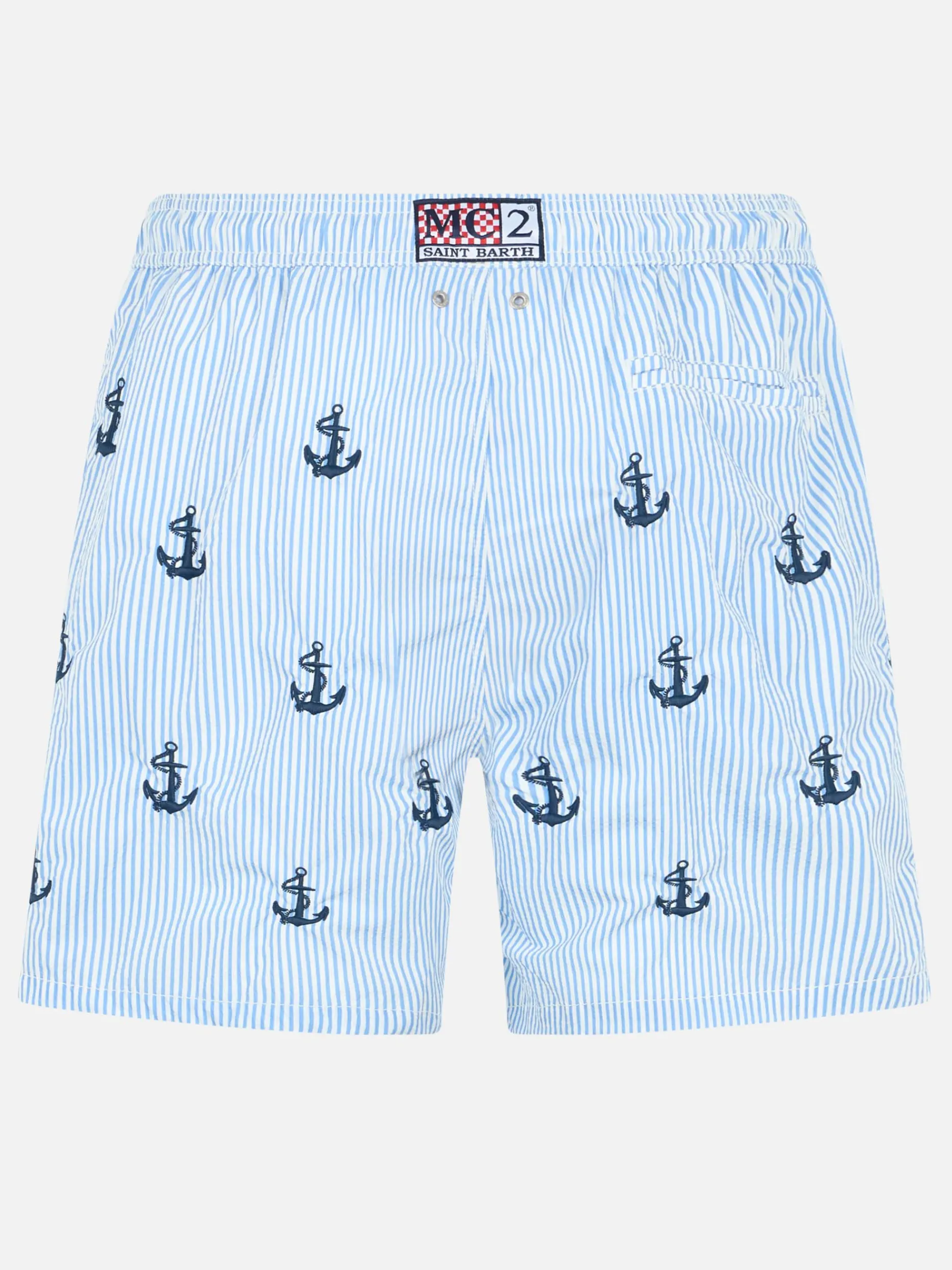 Mittellange Badeshorts für Herren aus Seersucker „Gustavia“ mit Ankerstickerei