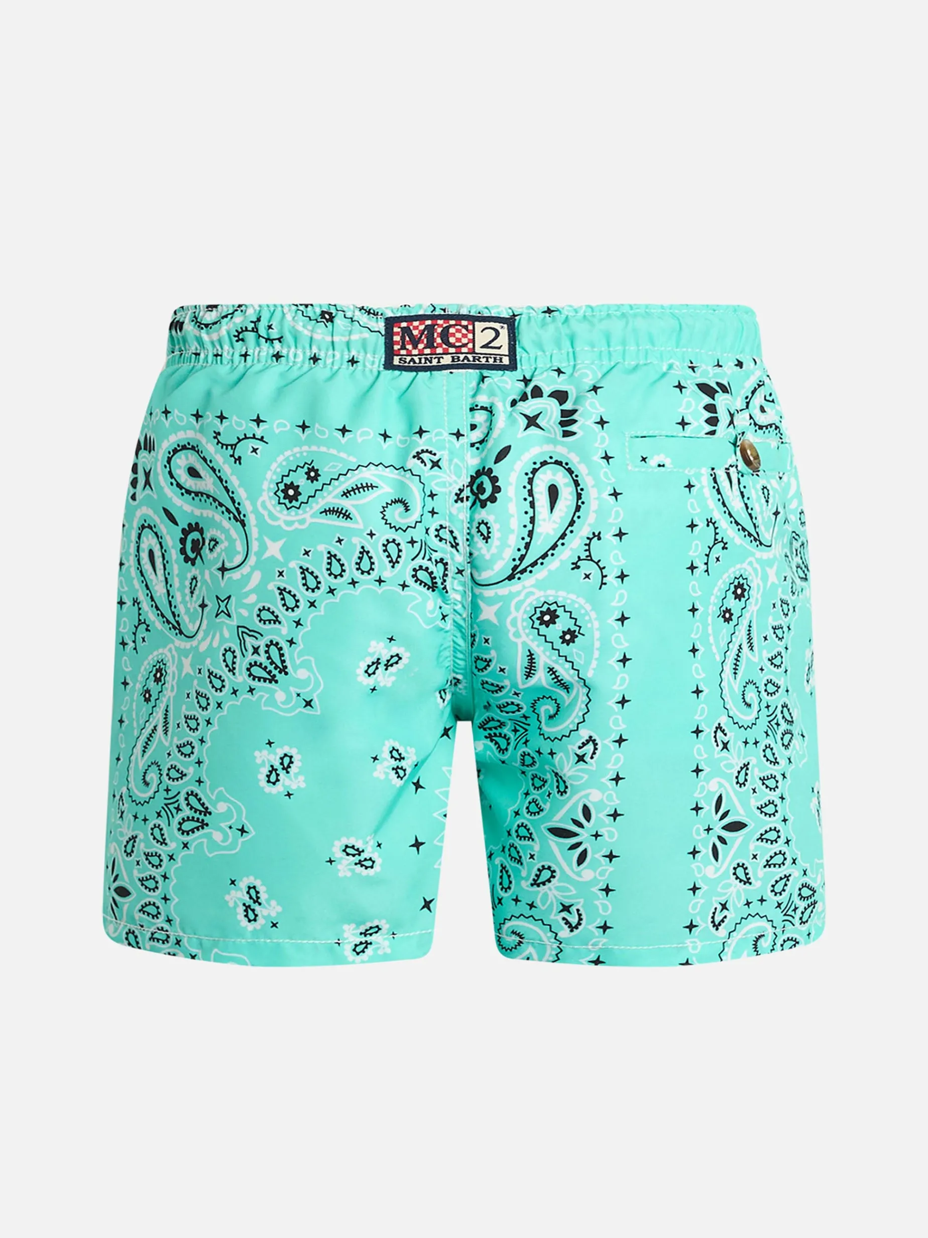 Mittellange Badeshorts für Jungen Caprese Jr mit wassergrünem Bandana-Aufdruck