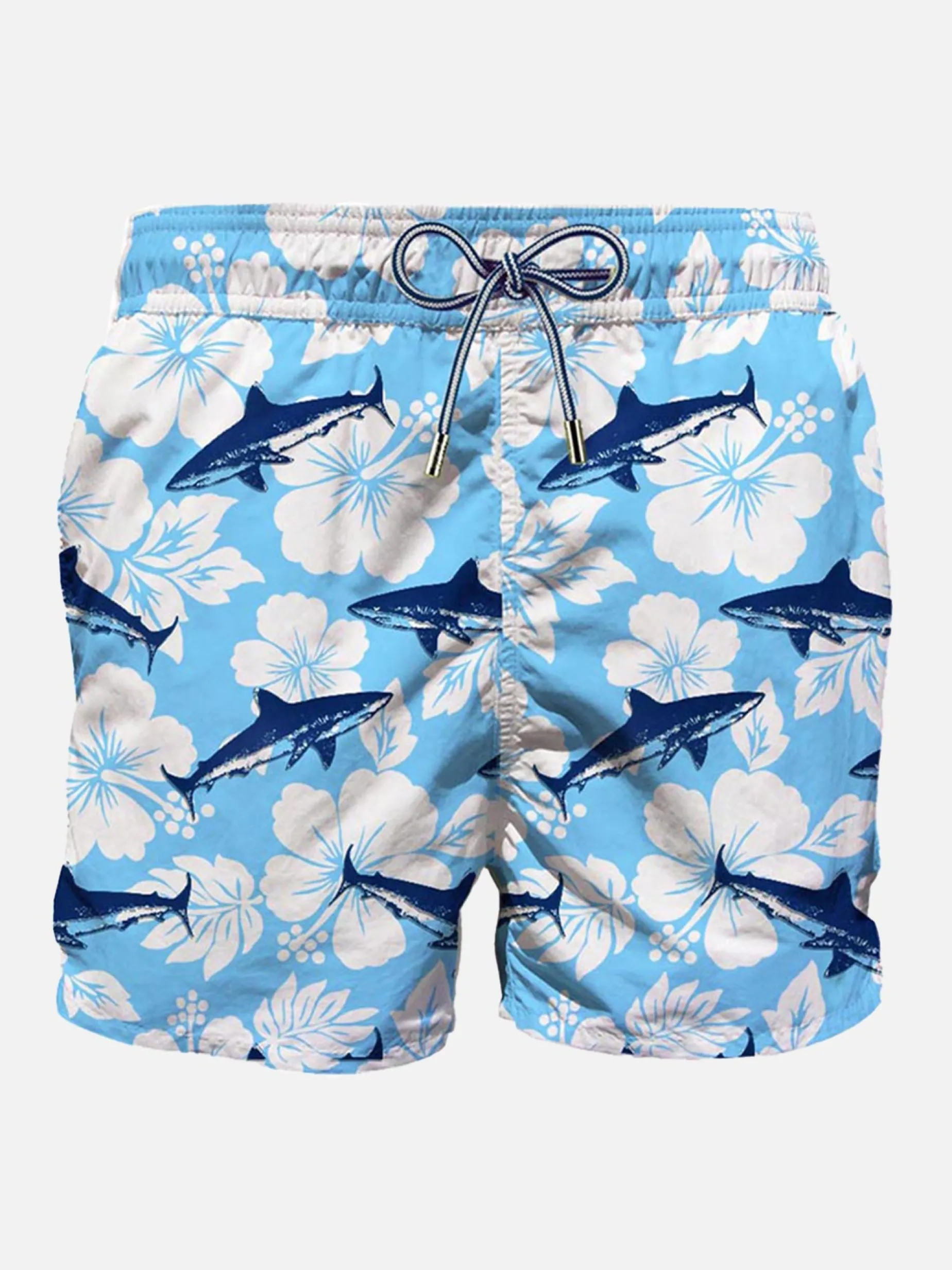 Mittellange Badeshorts mit Sharks-Samtdruck