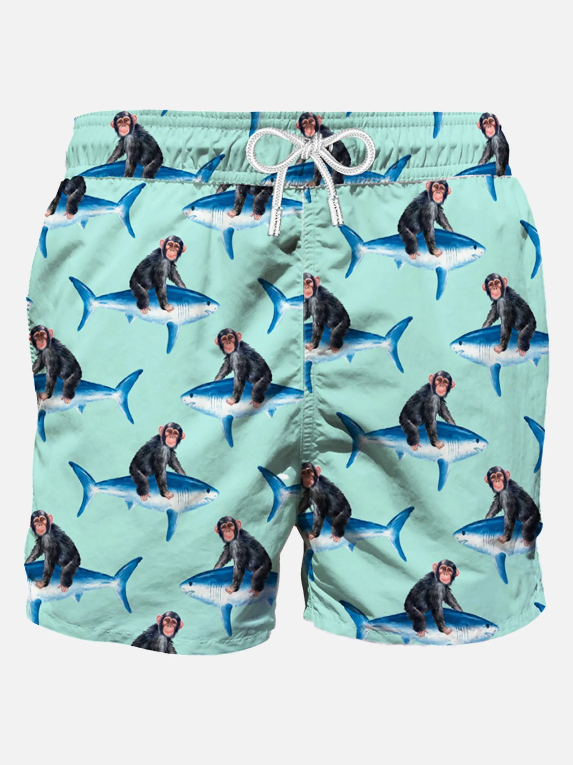 Mittellange Badeshorts mit Affen und Haien