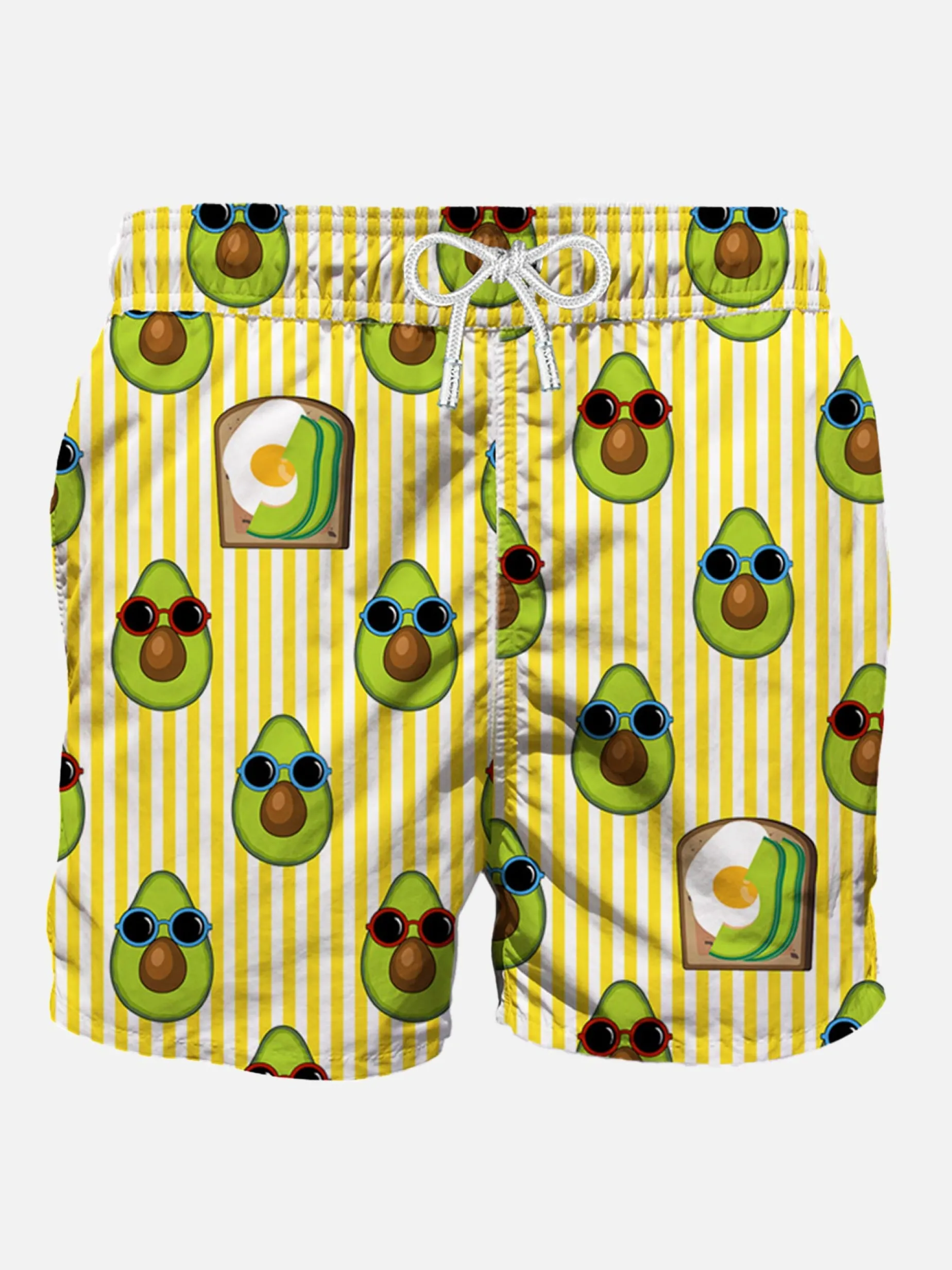 Mittellange Badeshorts mit Avocado-Toast-Streifendruck