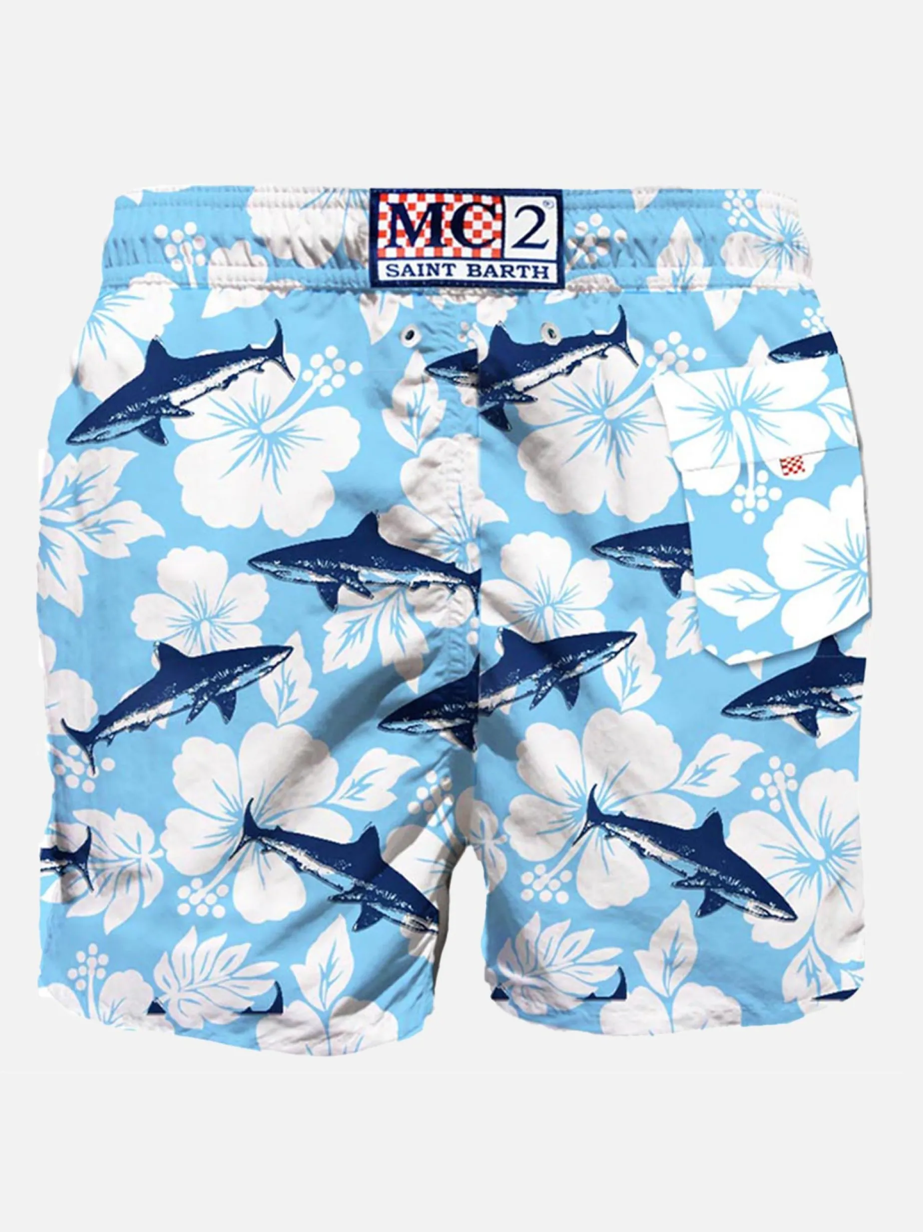 Mittellange Badeshorts mit Sharks-Samtdruck