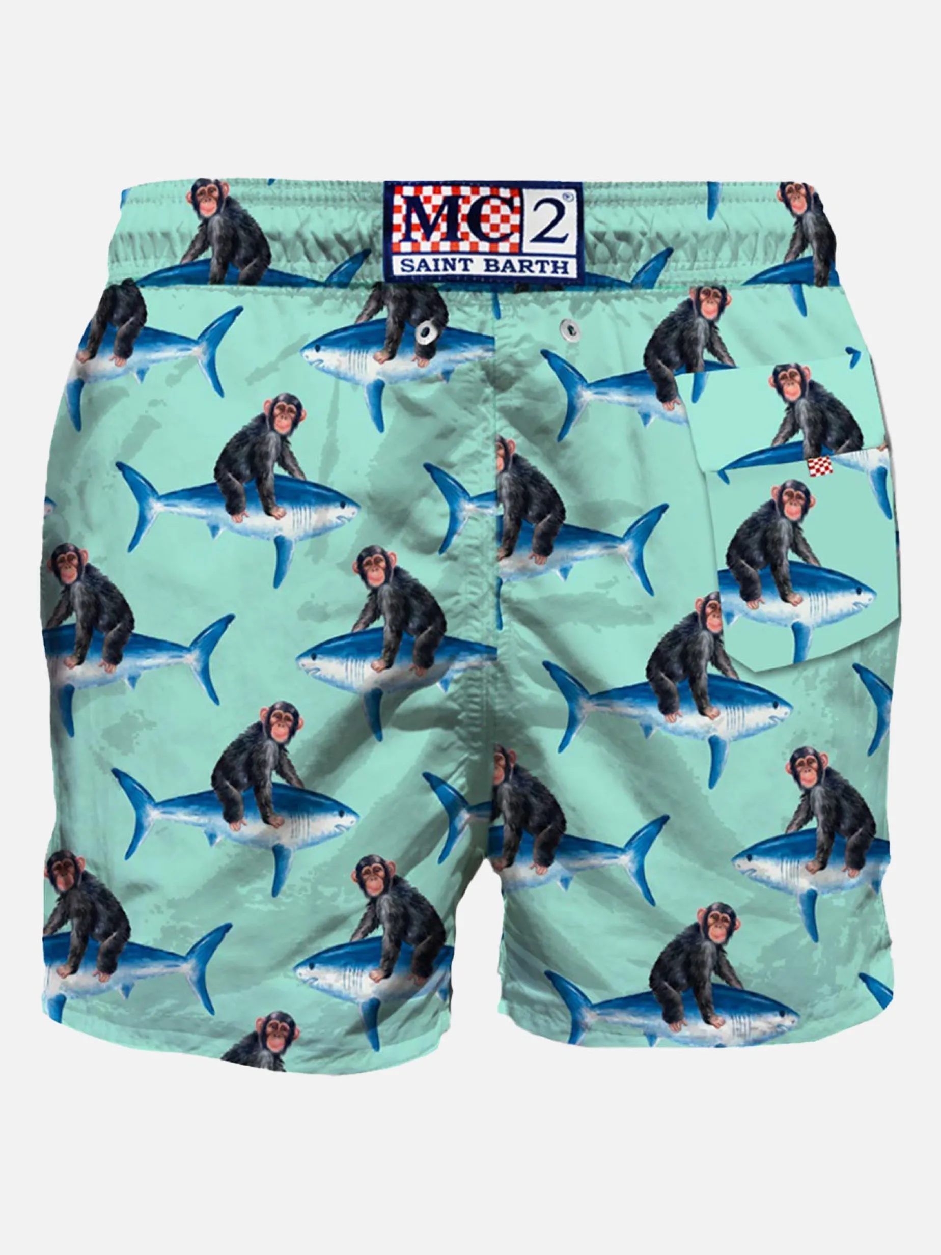 Mittellange Badeshorts mit Affen und Haien
