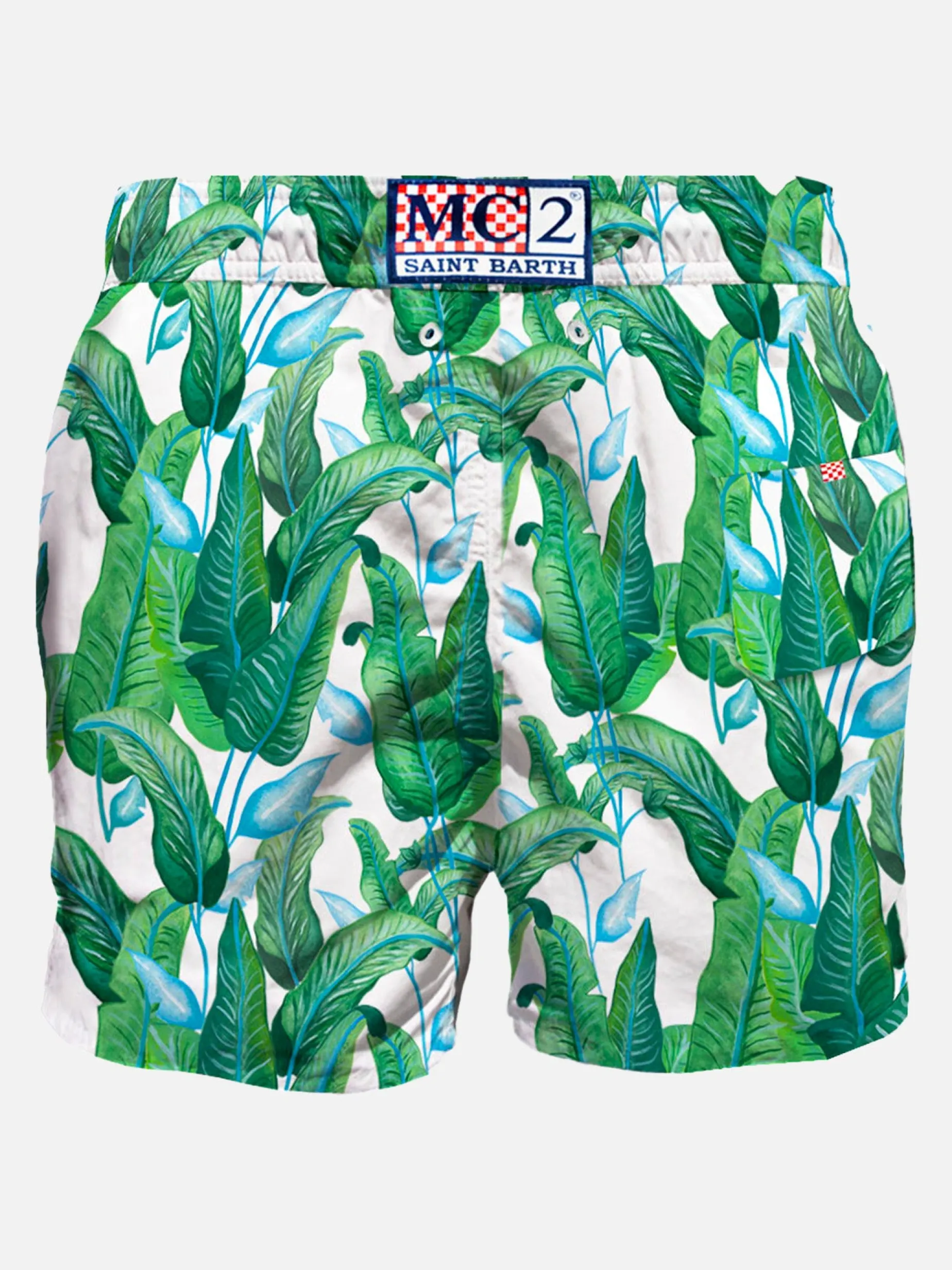 Mittellange Badeshorts mit tropischem Blätterprint