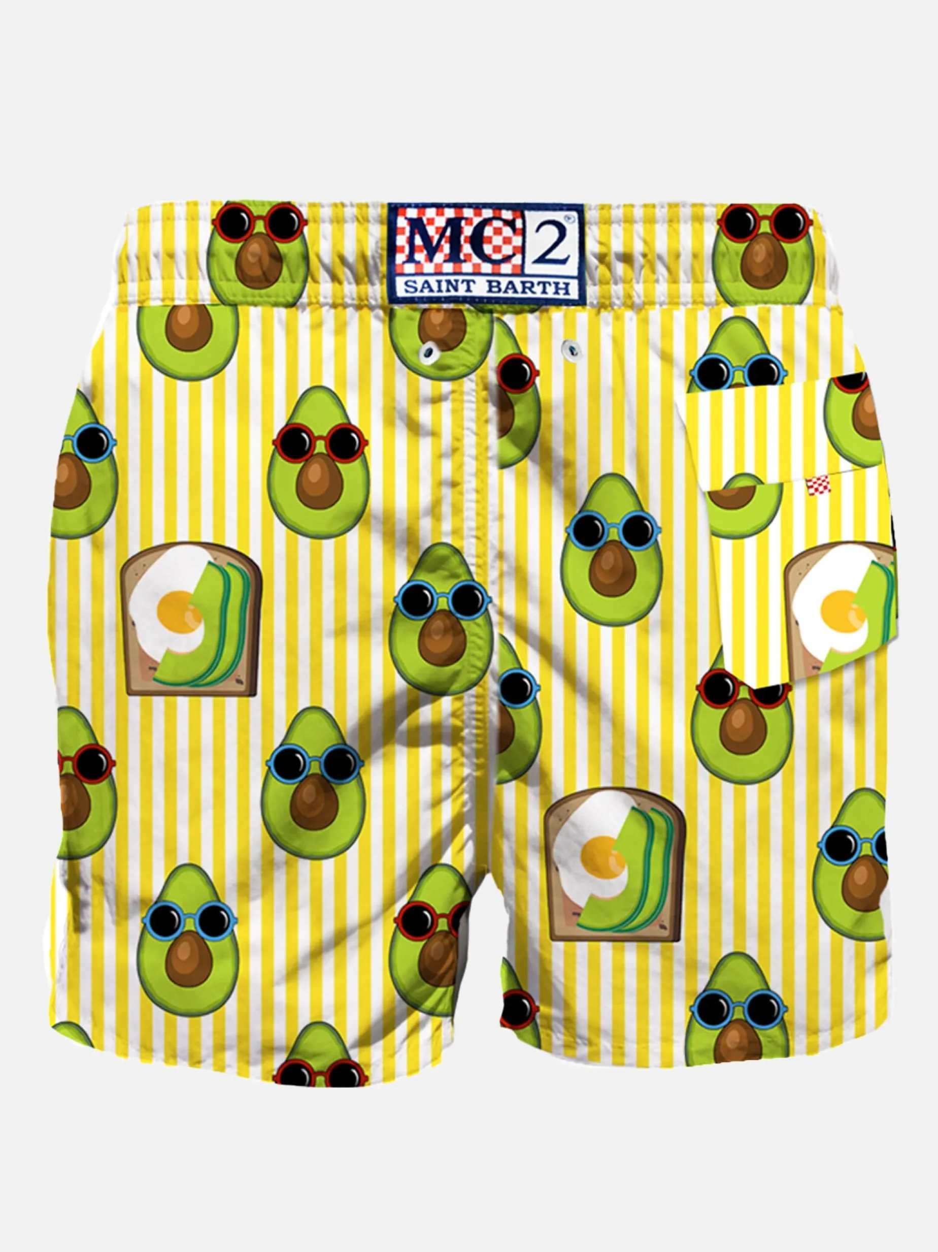 Mittellange Badeshorts mit Avocado-Toast-Streifendruck