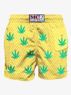 Mittellange Badeshorts mit bestickten Blättern