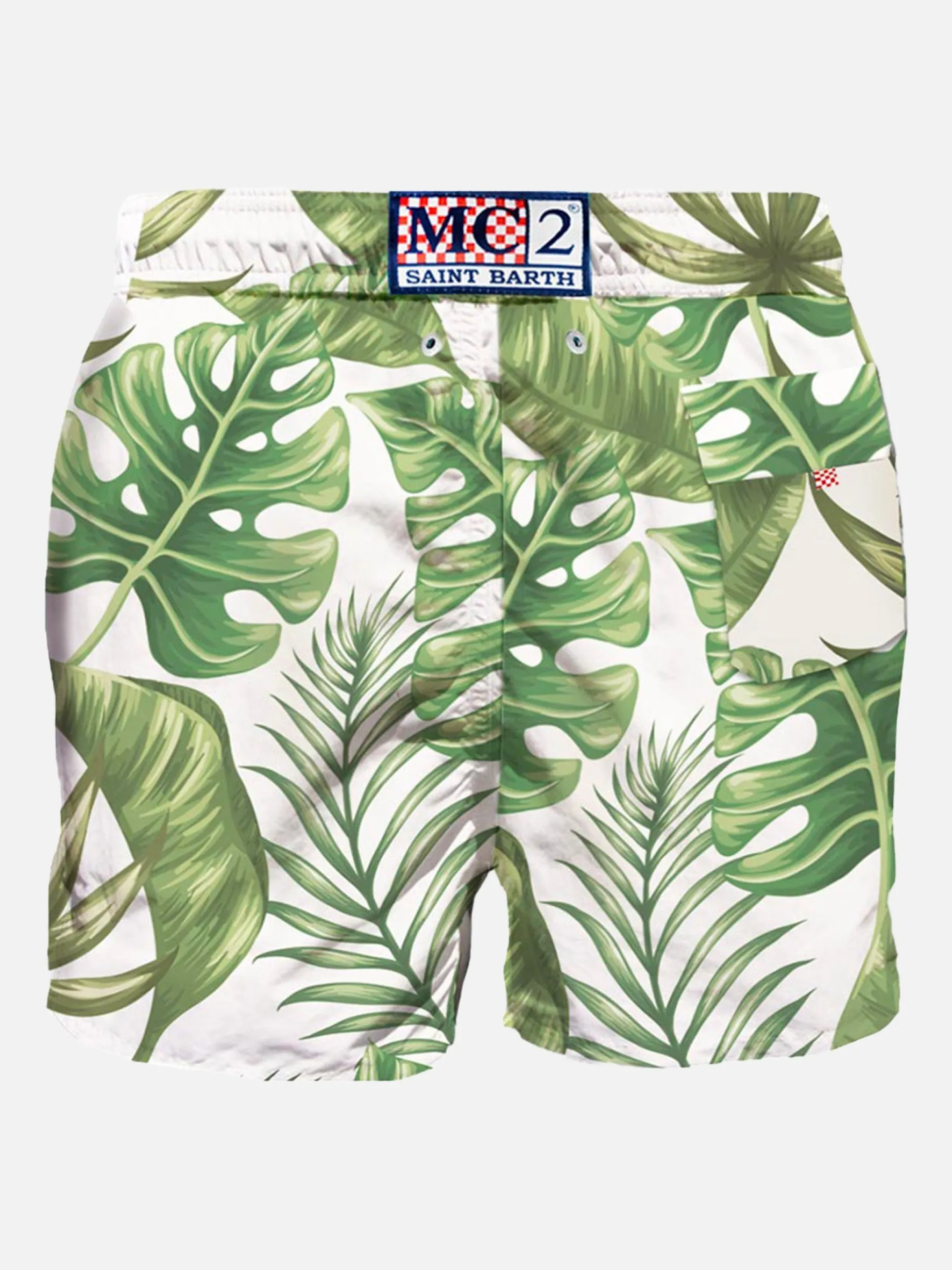 Mittellange Badeshorts mit tropischem Print