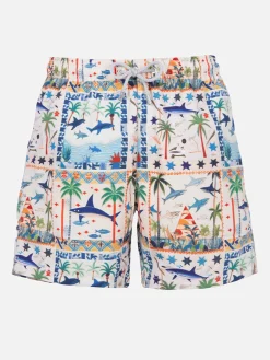 Mittellange Gustavia-Badeshorts für Herren mit ägyptischem Hai-Print | AI CO-CREATED DESIGN BY RICKDICK - POWERED BY RED-EYE