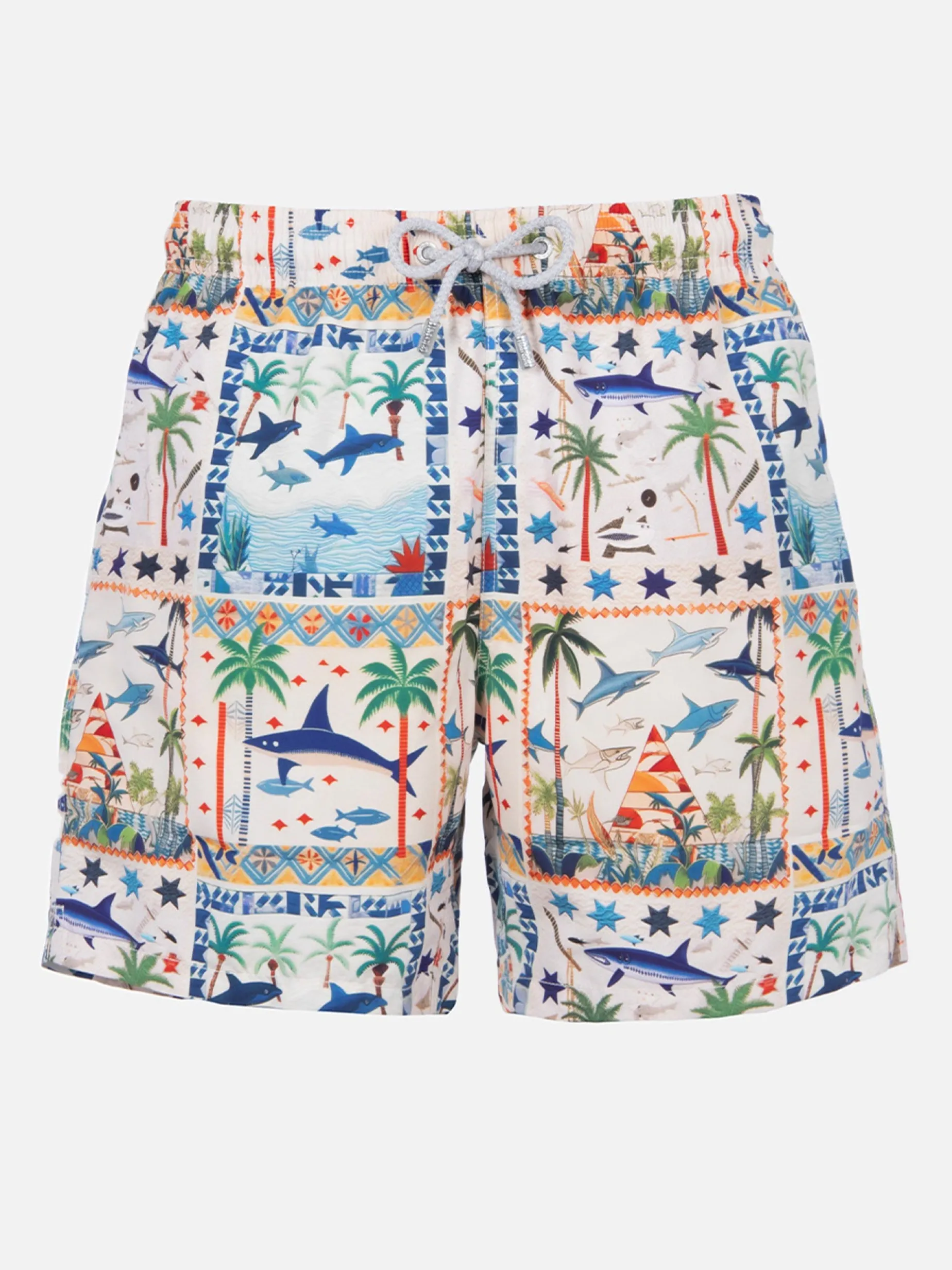 Mittellange Gustavia-Badeshorts für Herren mit ägyptischem Hai-Print | AI CO-CREATED DESIGN BY RICKDICK - POWERED BY RED-EYE