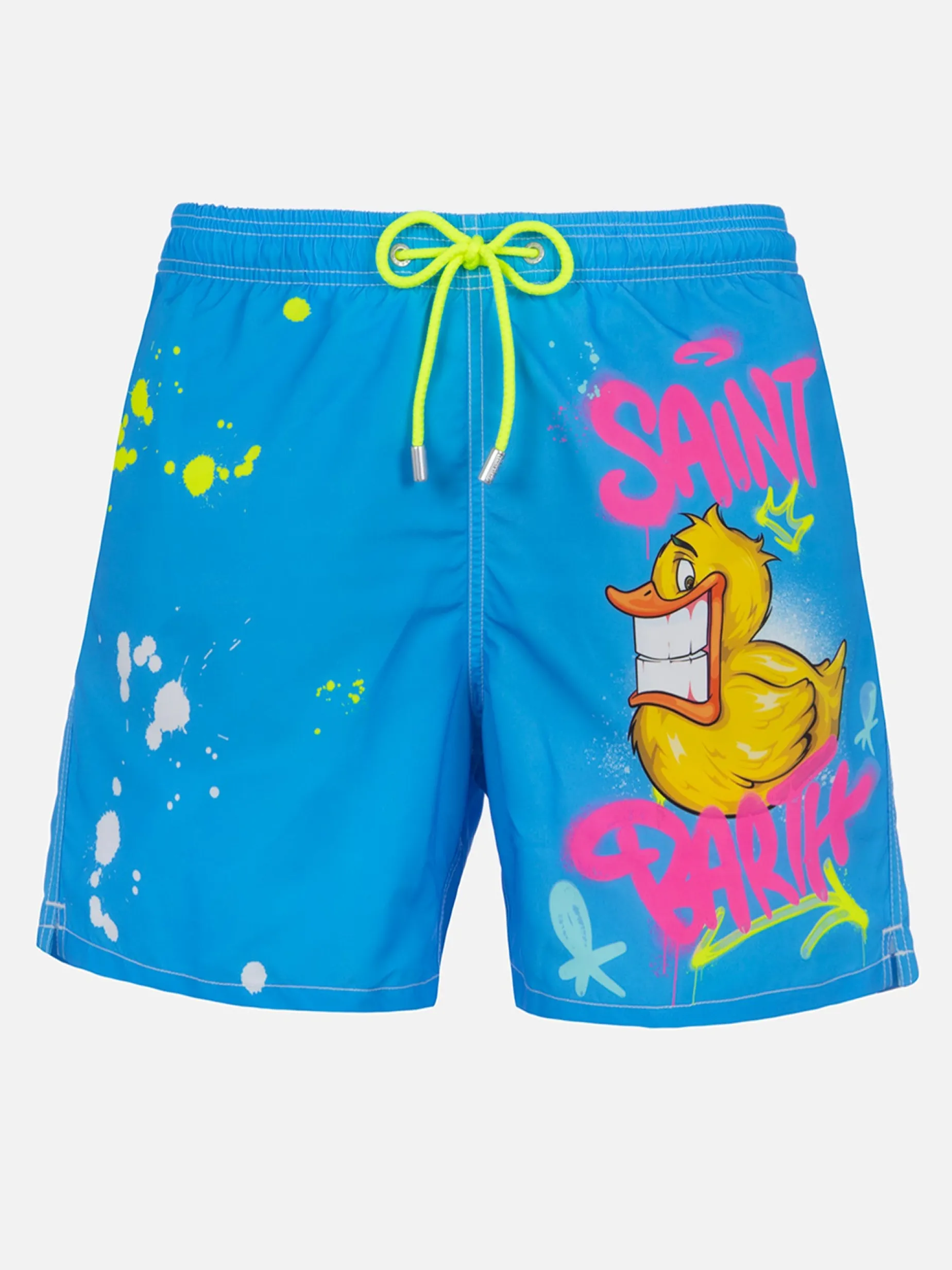Mittellange Gustavia-Badeshorts für Herren mit platziertem Enten-Cryptopuppets-Aufdruck | CRYPTOPUPPET-SONDERAUSGABE