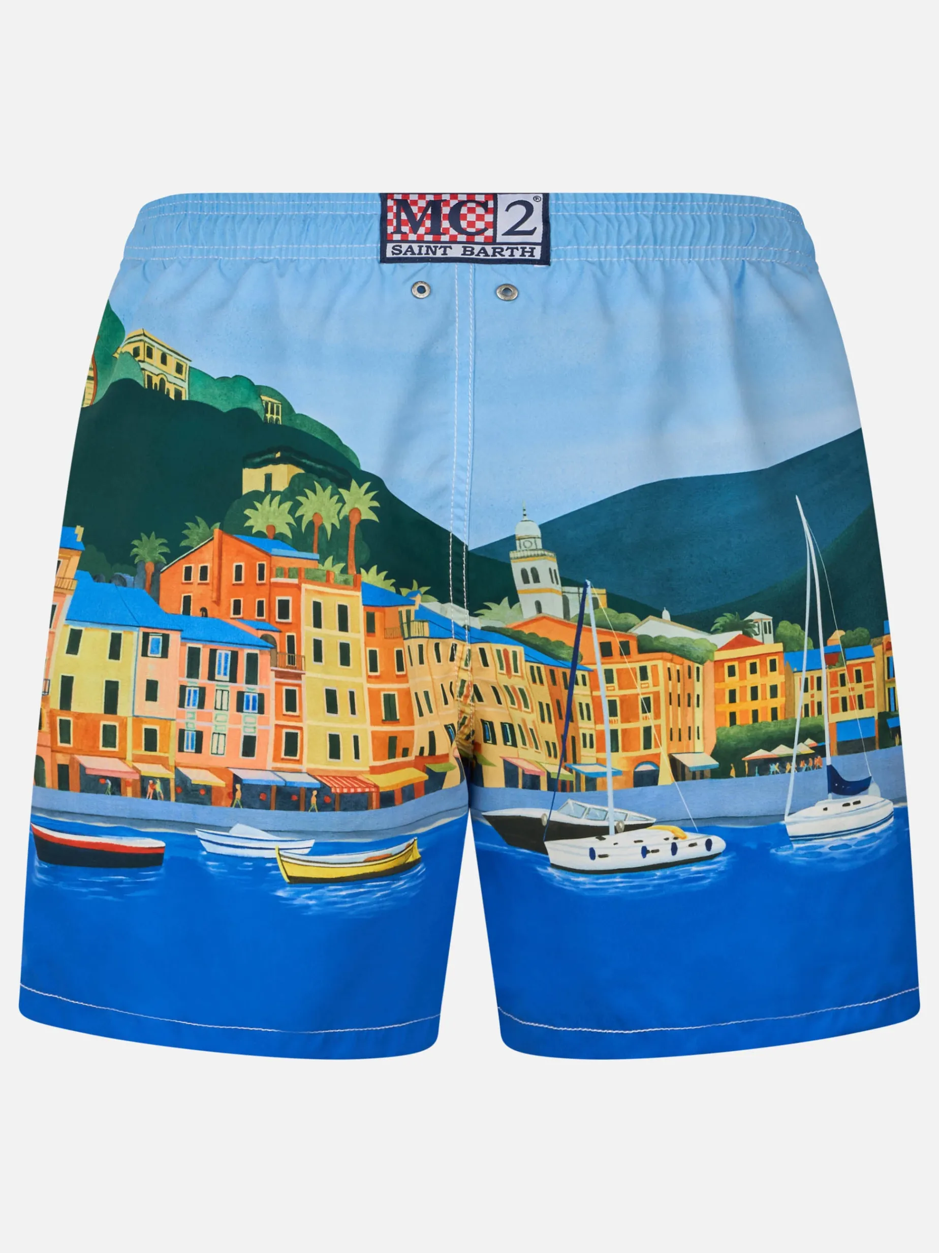 Mittellange Gustavia-Badeshorts für Herren mit platziertem Portofino-Aufdruck