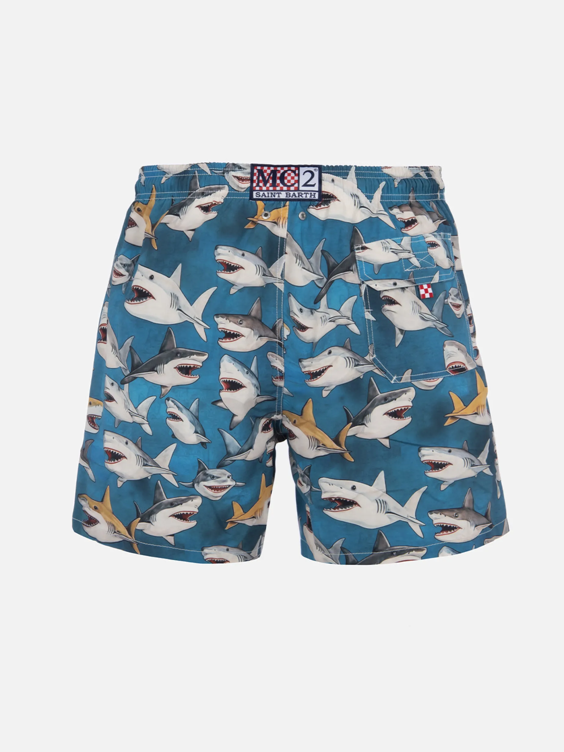 Mittellange Gustavia-Badeshorts für Herren mit Hai-Print | AI CO-CREATED DESIGN BY RICKDICK - POWERED BY RED-EYE