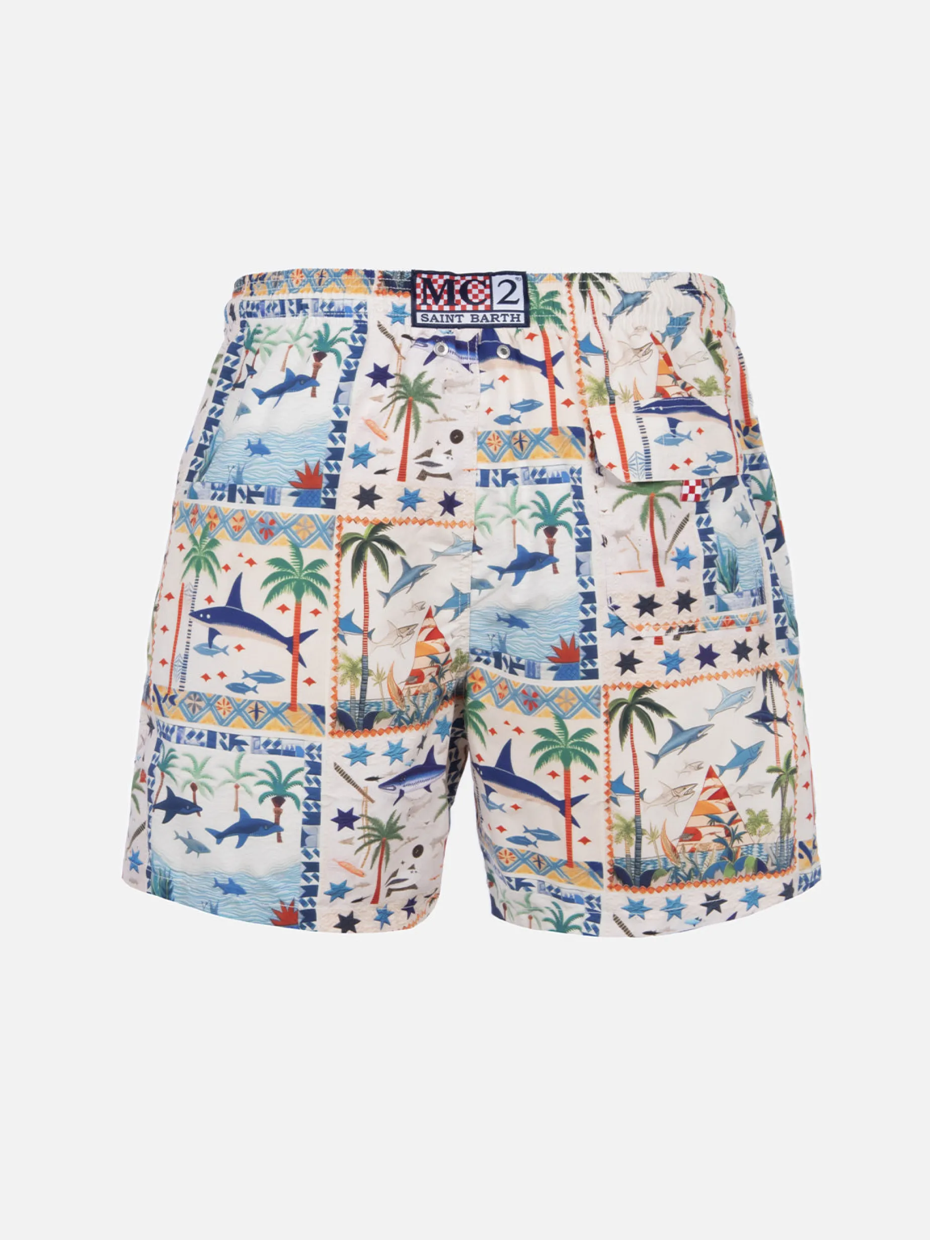 Mittellange Gustavia-Badeshorts für Herren mit ägyptischem Hai-Print | AI CO-CREATED DESIGN BY RICKDICK - POWERED BY RED-EYE