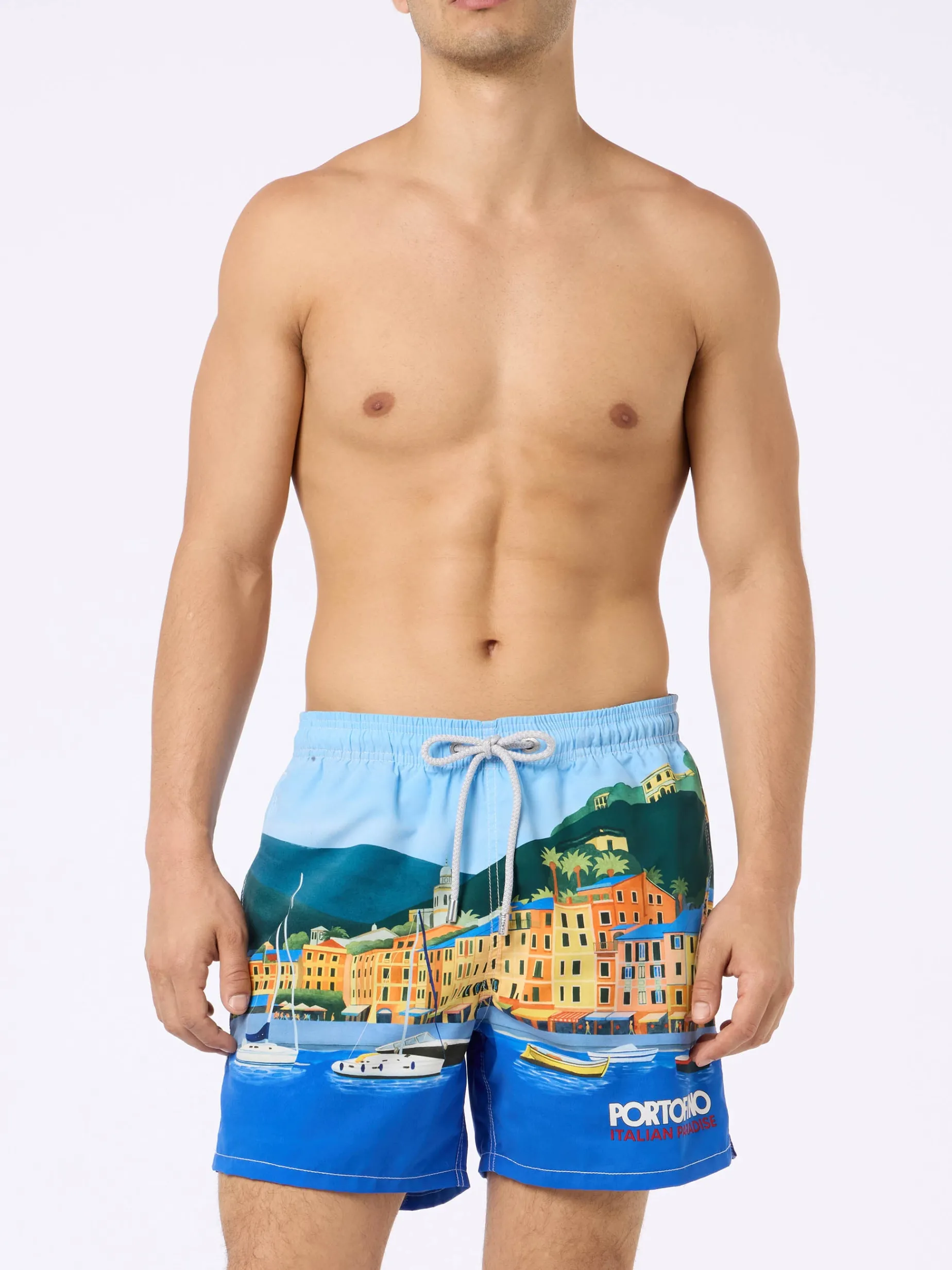 Mittellange Gustavia-Badeshorts für Herren mit platziertem Portofino-Aufdruck