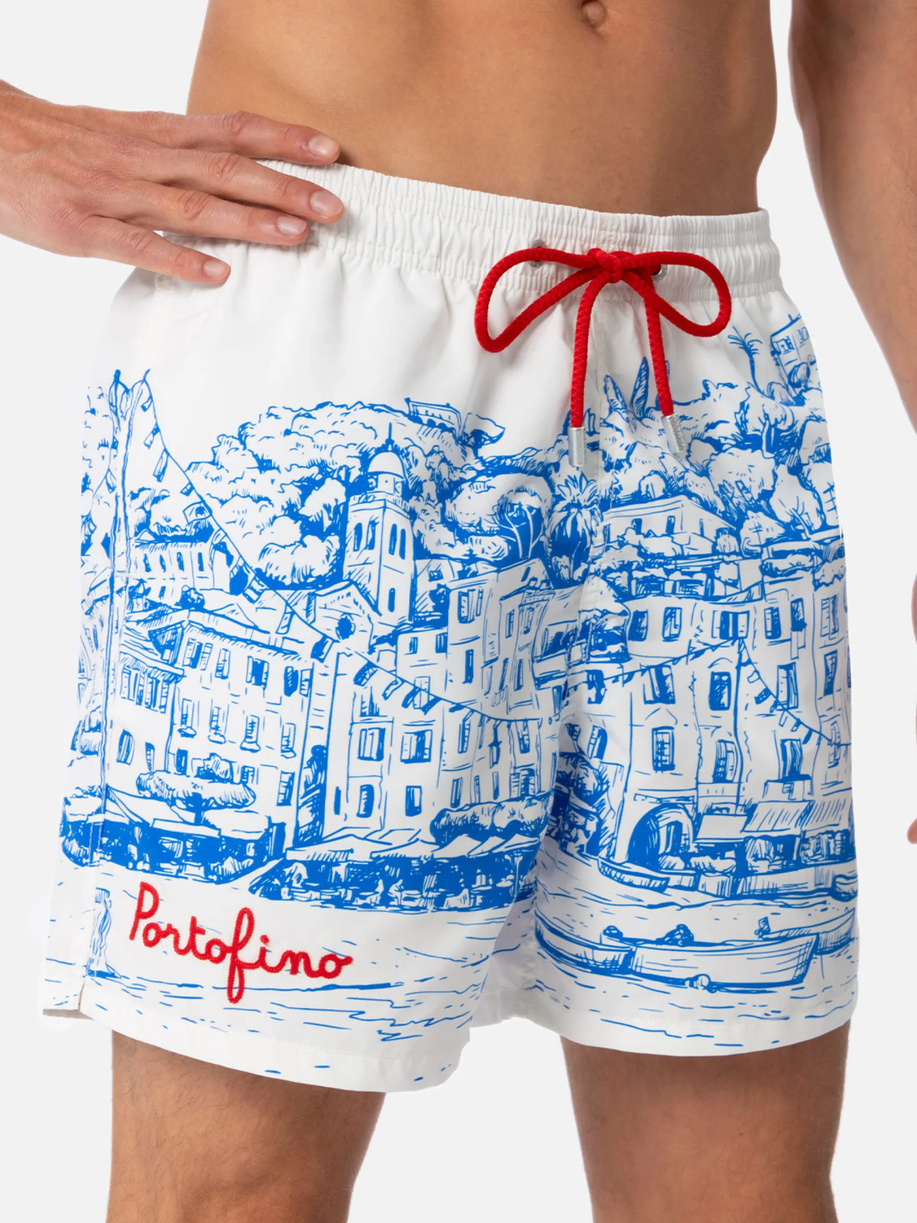 Mittellange Gustavia-Badeshorts für Herren mit platziertem Portofino-Aufdruck