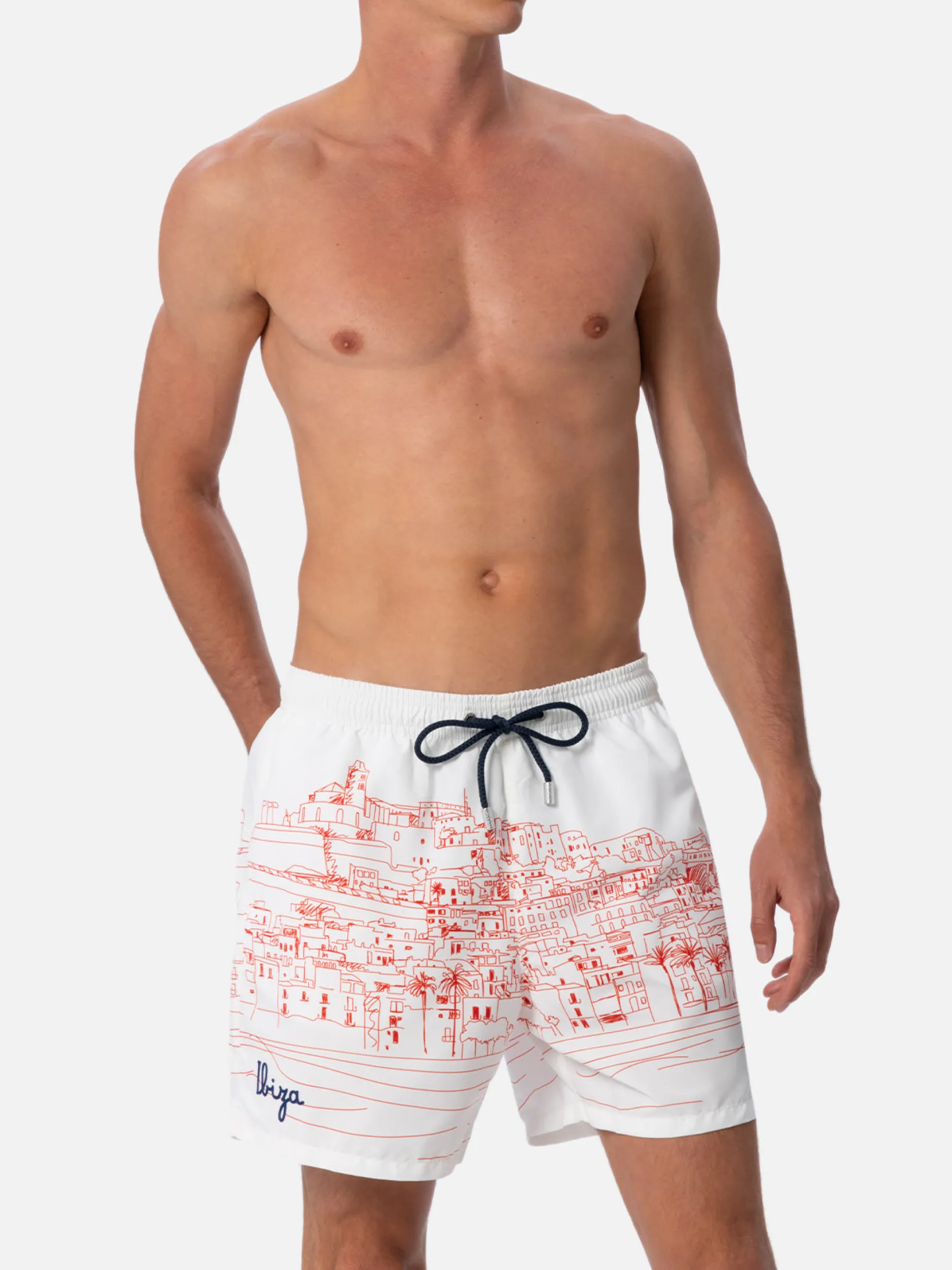 Mittellange Gustavia-Badeshorts für Herren mit platziertem „Ibiza“-Aufdruck