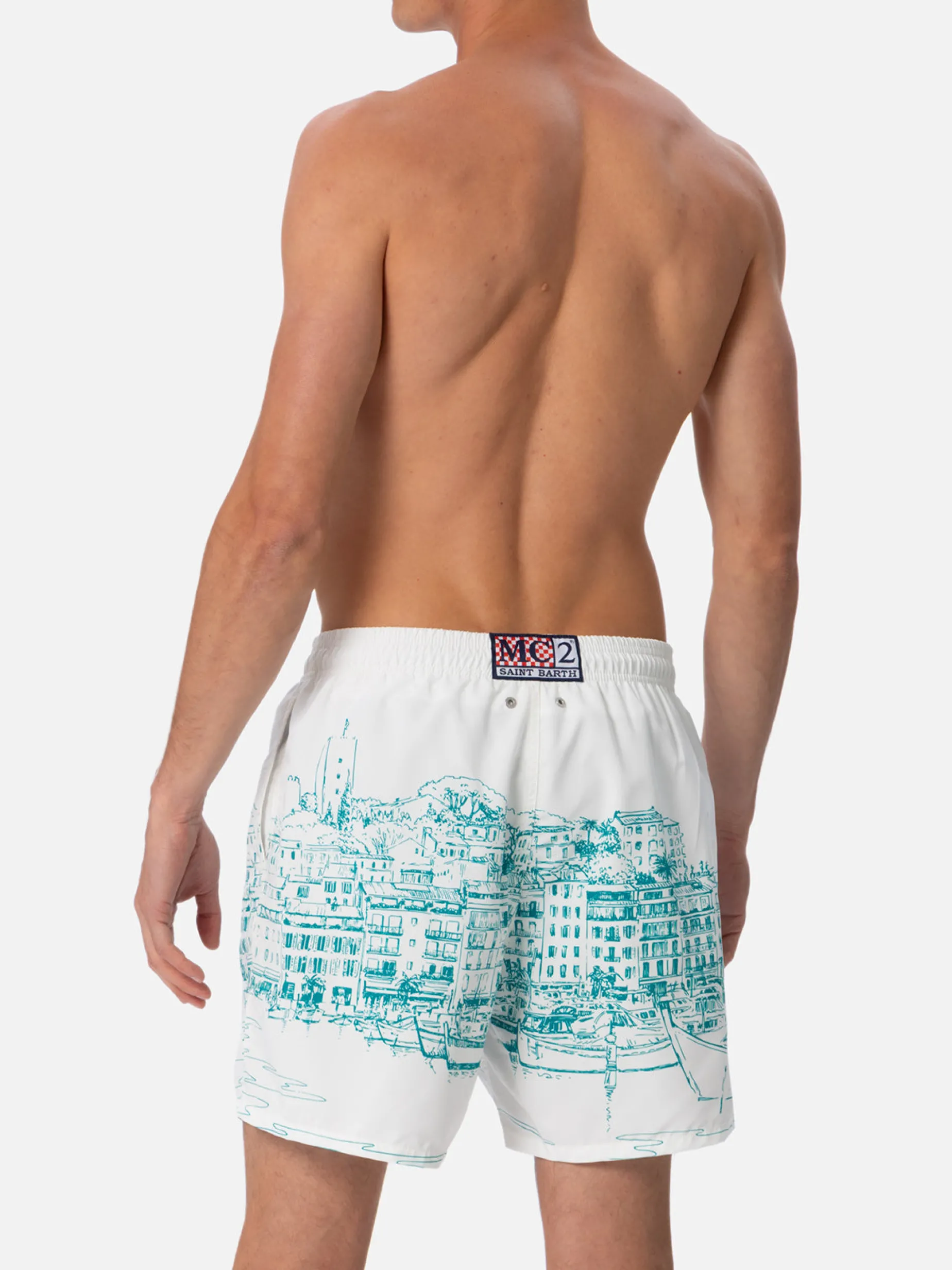 Mittellange Gustavia-Badeshorts für Herren mit platziertem Cannes-Aufdruck