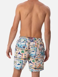 Mittellange Gustavia-Badeshorts für Herren mit ägyptischem Hai-Print | AI CO-CREATED DESIGN BY RICKDICK - POWERED BY RED-EYE
