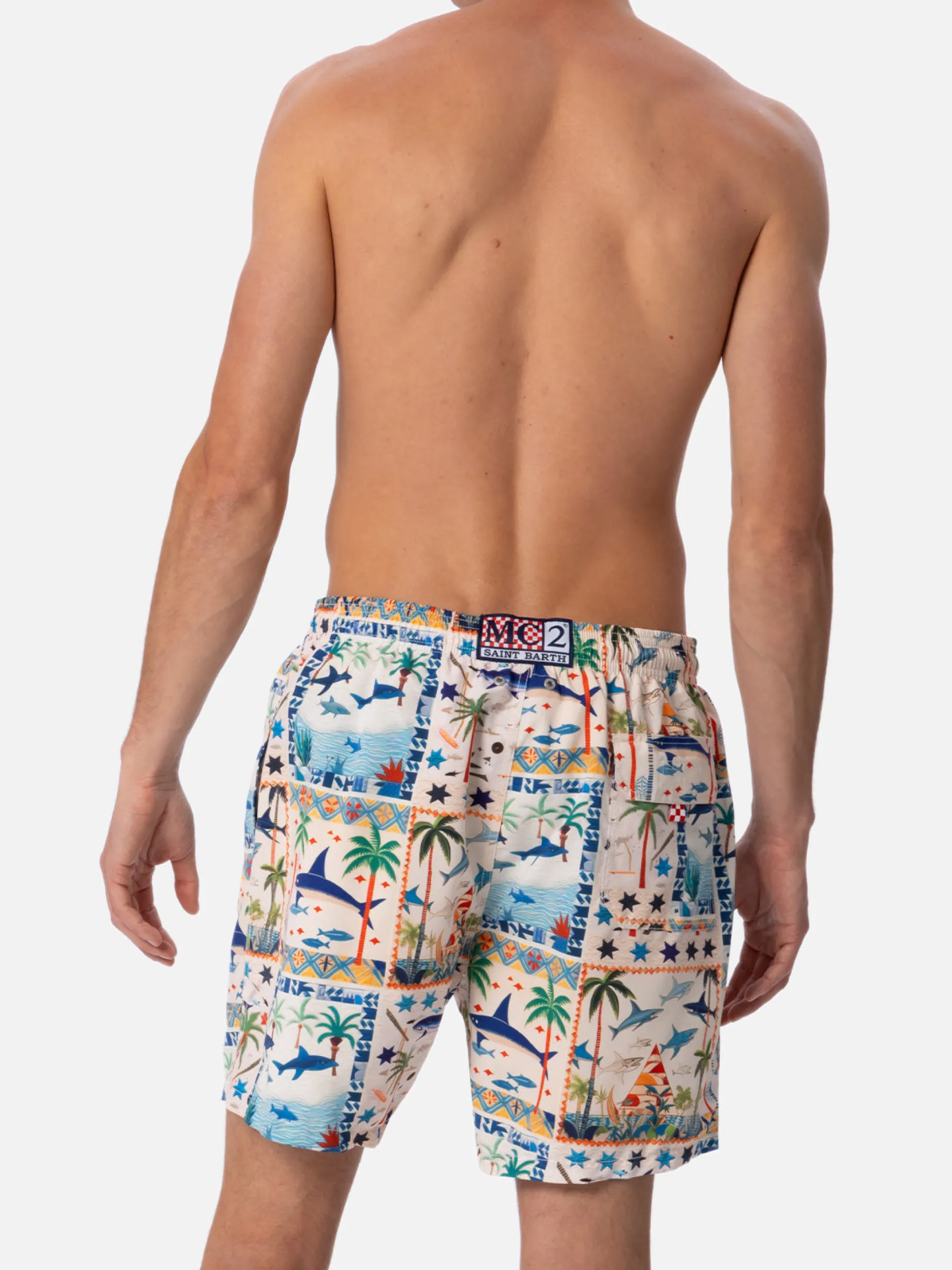 Mittellange Gustavia-Badeshorts für Herren mit ägyptischem Hai-Print | AI CO-CREATED DESIGN BY RICKDICK - POWERED BY RED-EYE