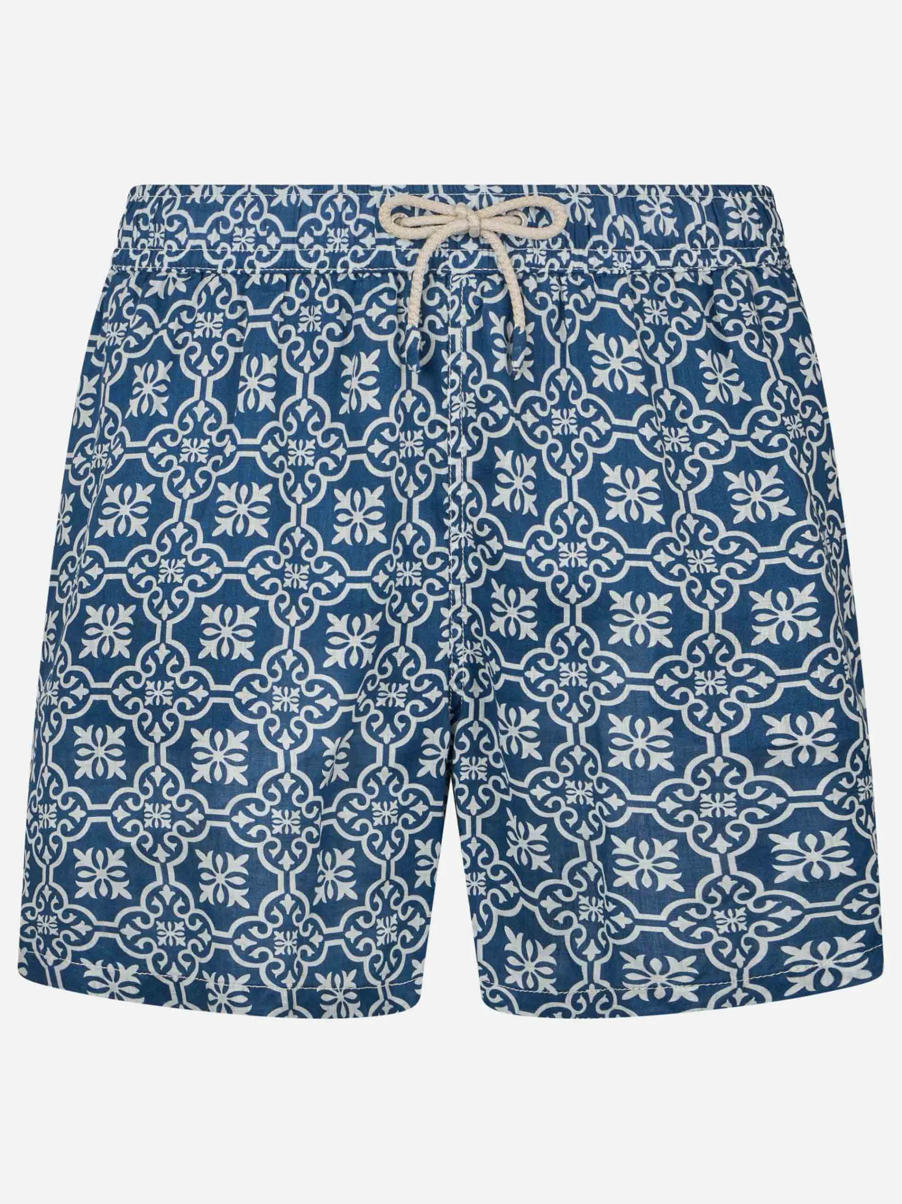 Mittellange Herren-Badeshorts Gustavia aus Leinen mit Majolika-Print