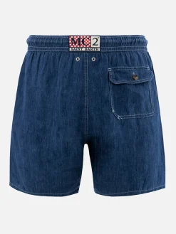 Mittellange Herren-Badeshorts aus Denim in Blau aus Leinen Gustavia