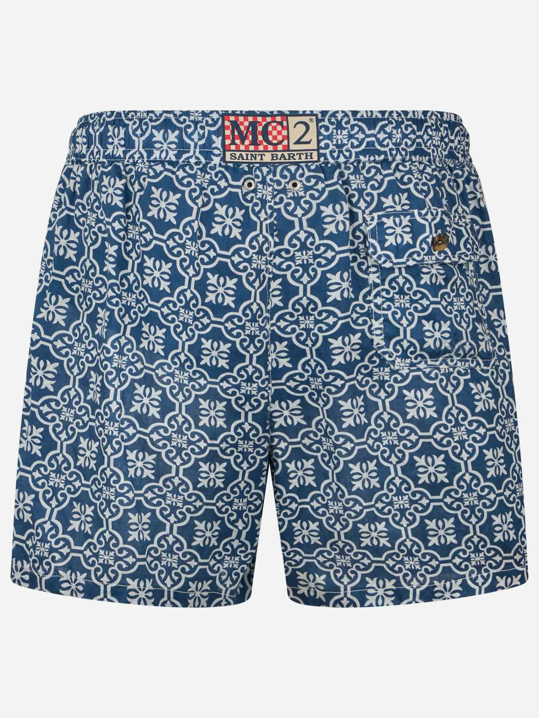 Mittellange Herren-Badeshorts Gustavia aus Leinen mit Majolika-Print