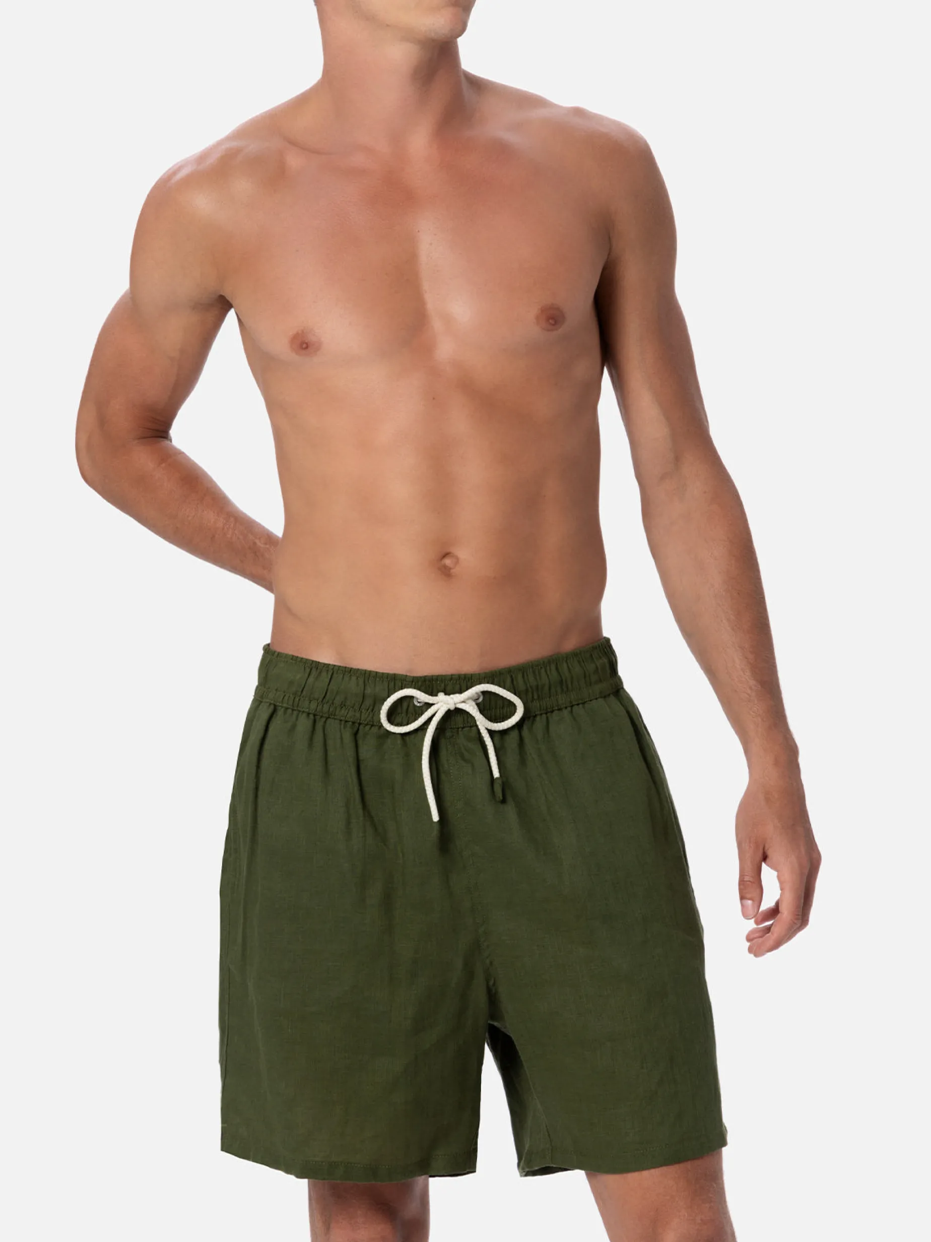 Mittellange Herren-Badeshorts aus militärgrünem Leinen Gustavia