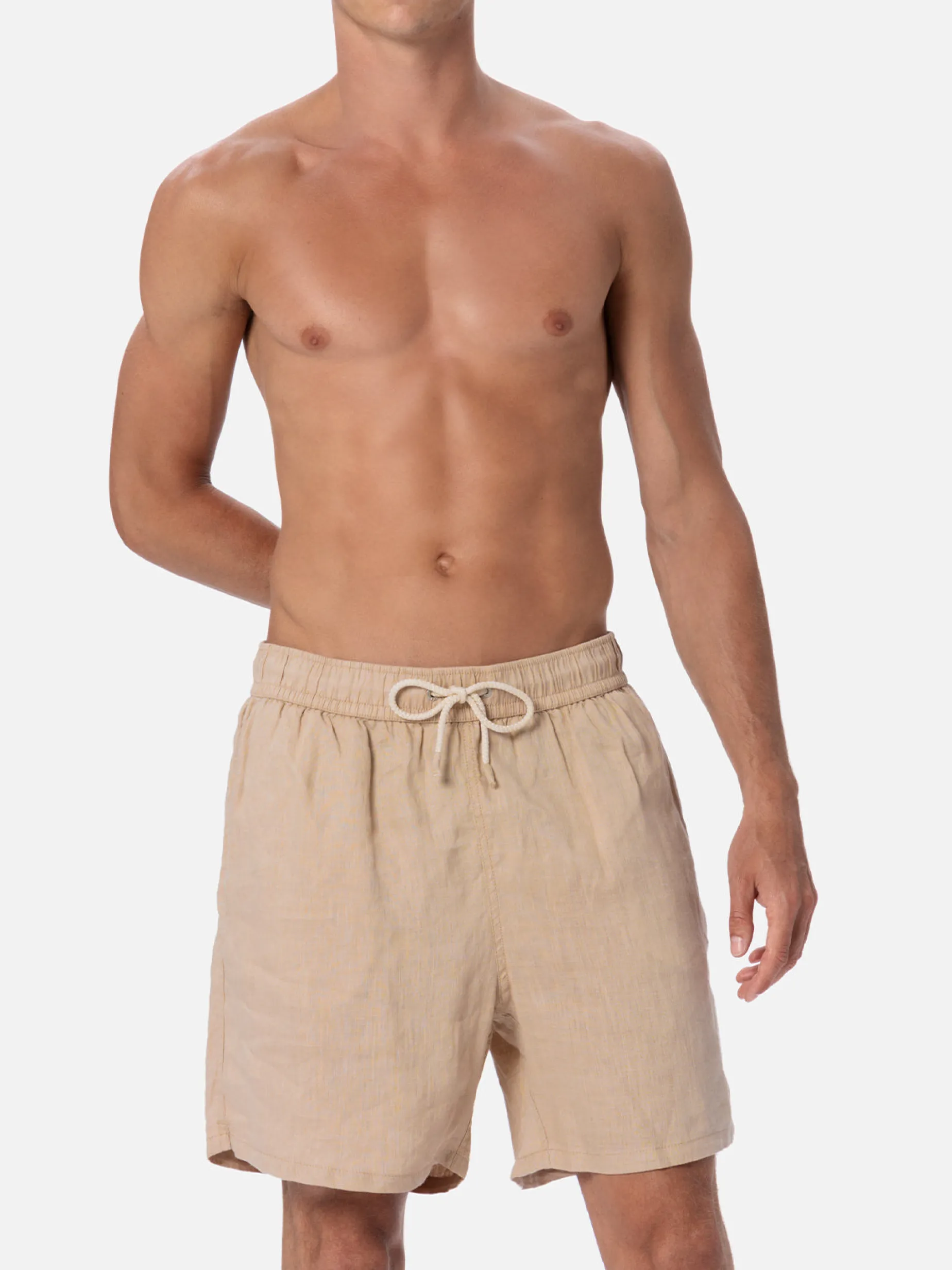 Mittellange Herren-Badeshorts aus beigem Leinen Gustavia