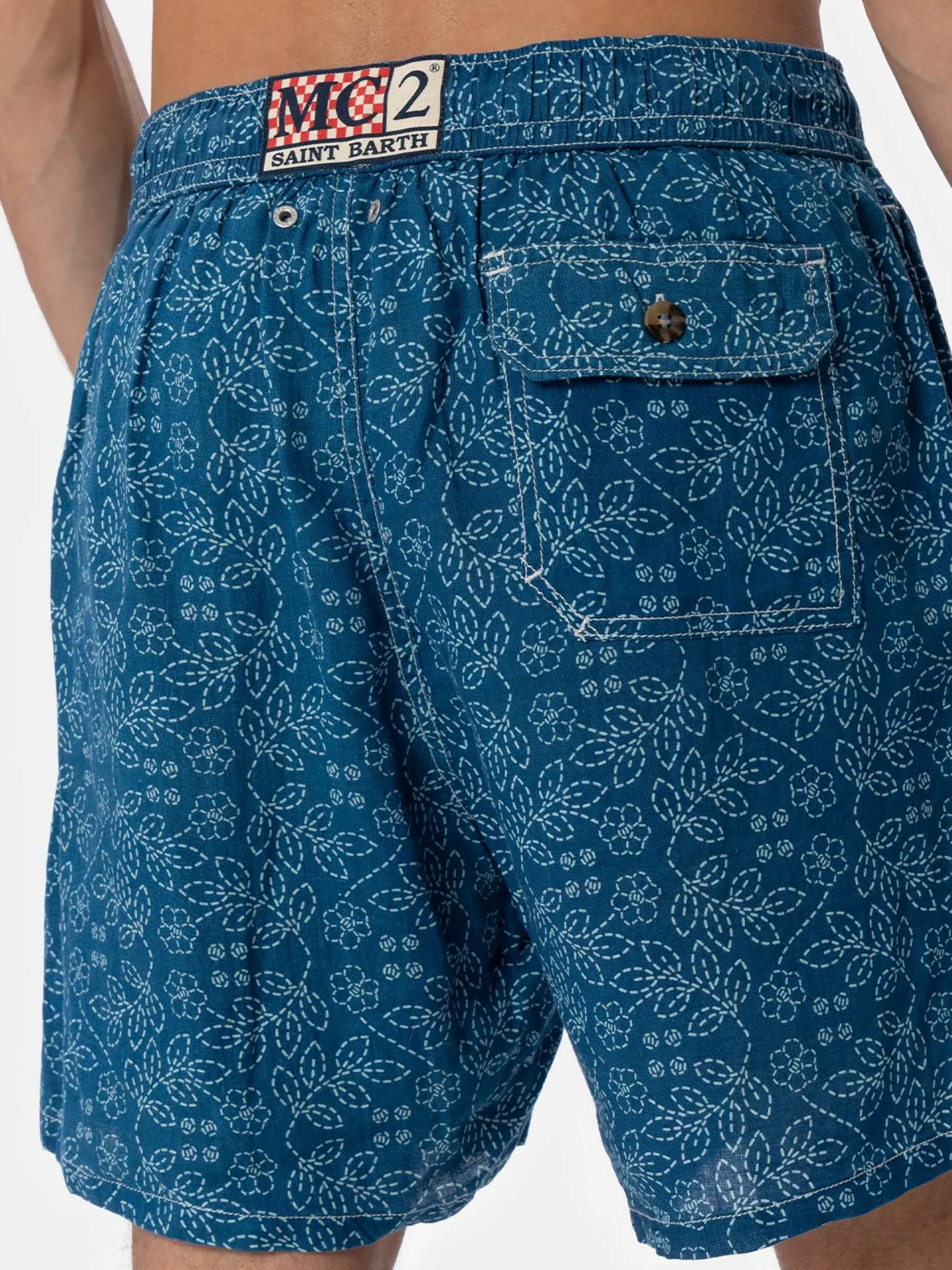 Mittellange Herren-Badeshorts Gustavia aus Leinen mit Sashiko-Print