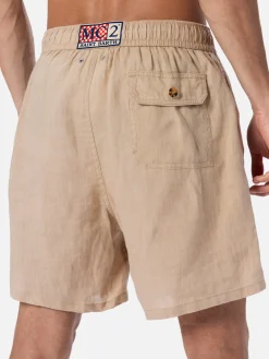 Mittellange Herren-Badeshorts aus beigem Leinen Gustavia
