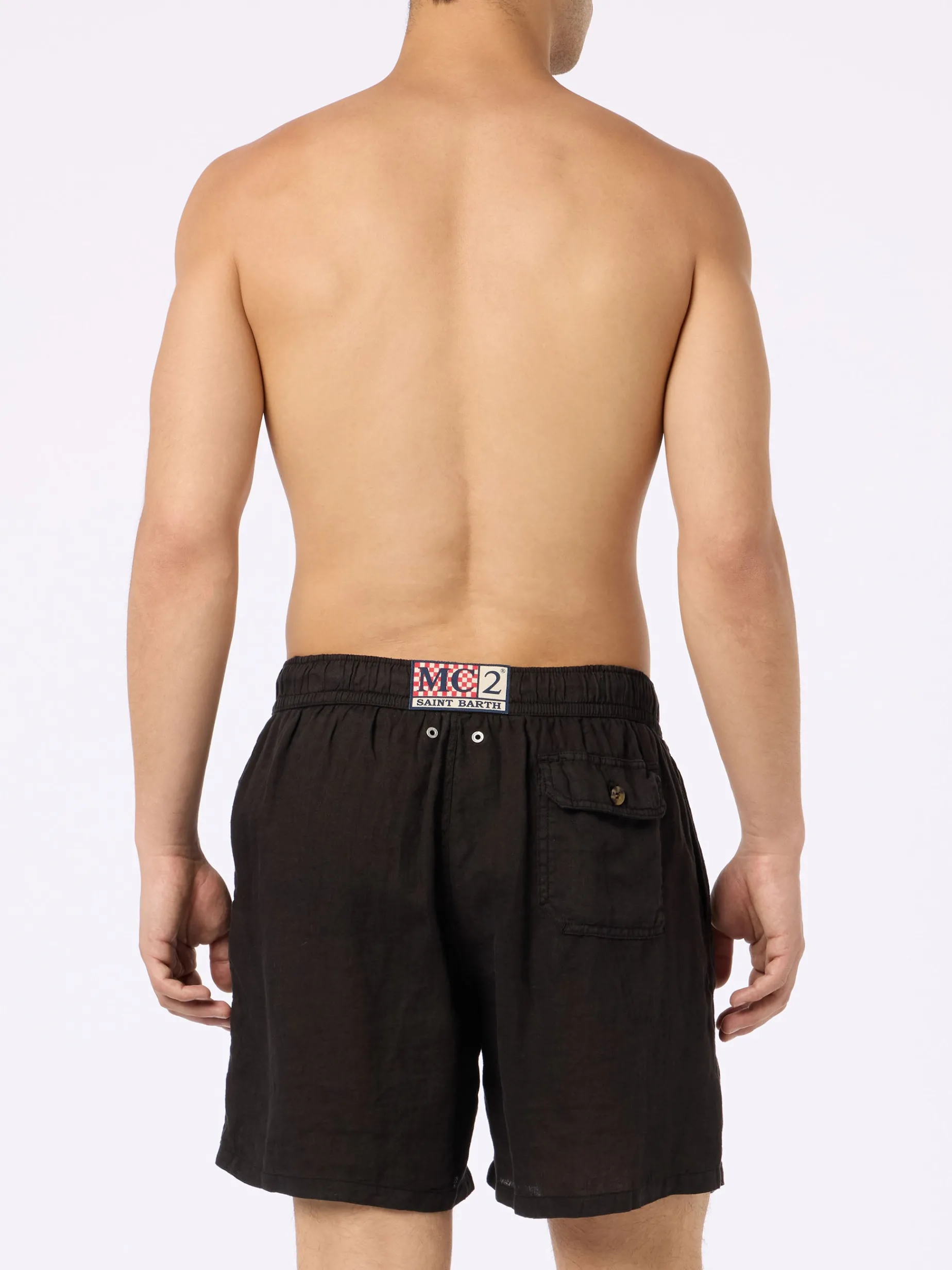 Mittellange Herren-Badeshorts aus schwarzem Leinen Gustavia