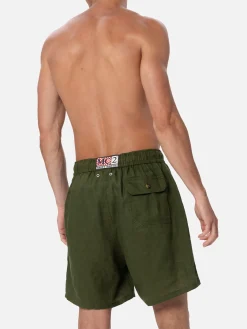 Mittellange Herren-Badeshorts aus militärgrünem Leinen Gustavia