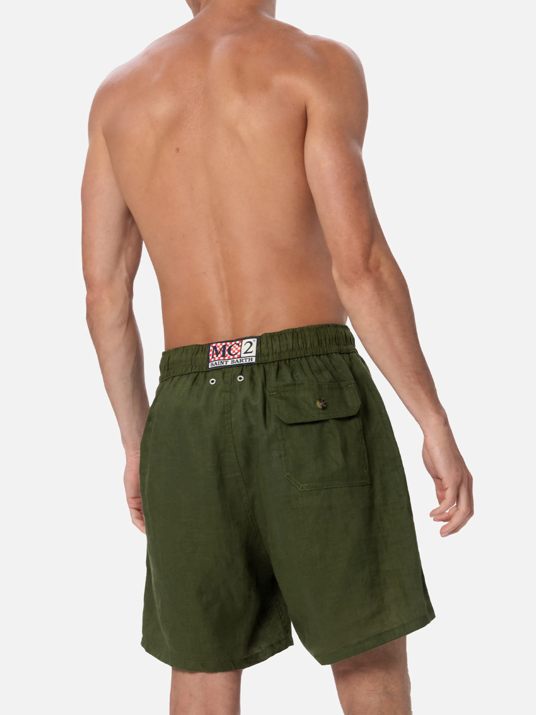 Mittellange Herren-Badeshorts aus militärgrünem Leinen Gustavia