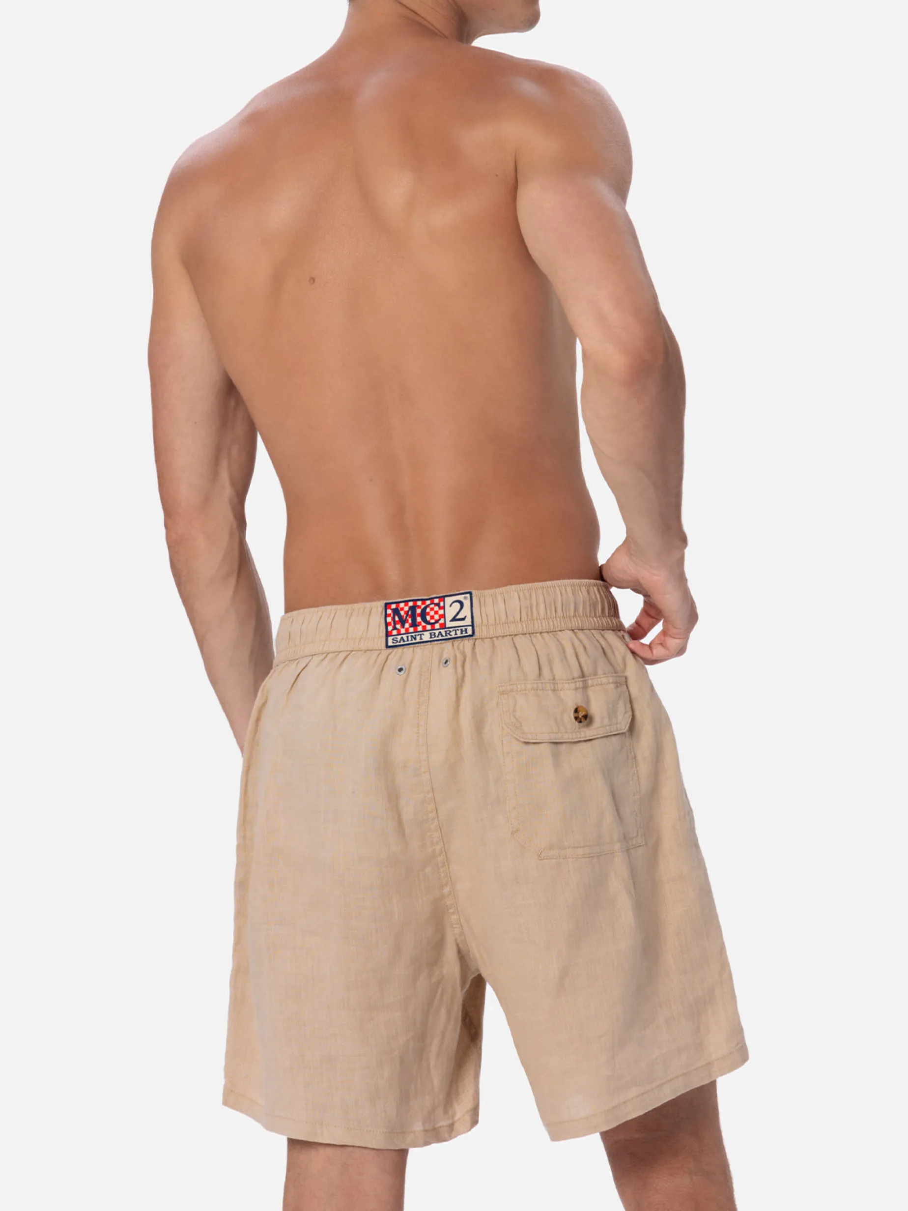 Mittellange Herren-Badeshorts aus beigem Leinen Gustavia