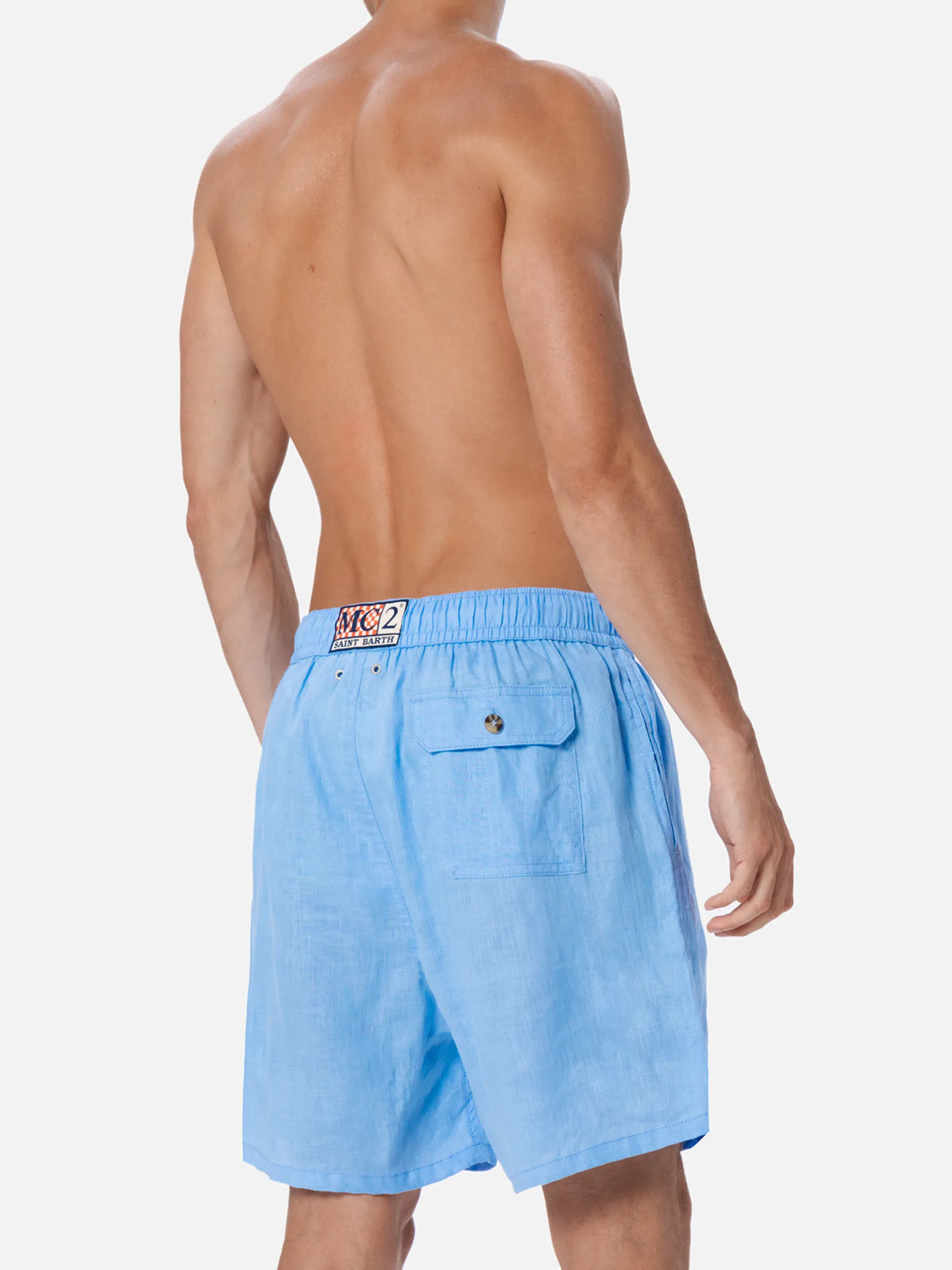 Mittellange Herren-Badeshorts aus himmelblauem Leinen Gustavia
