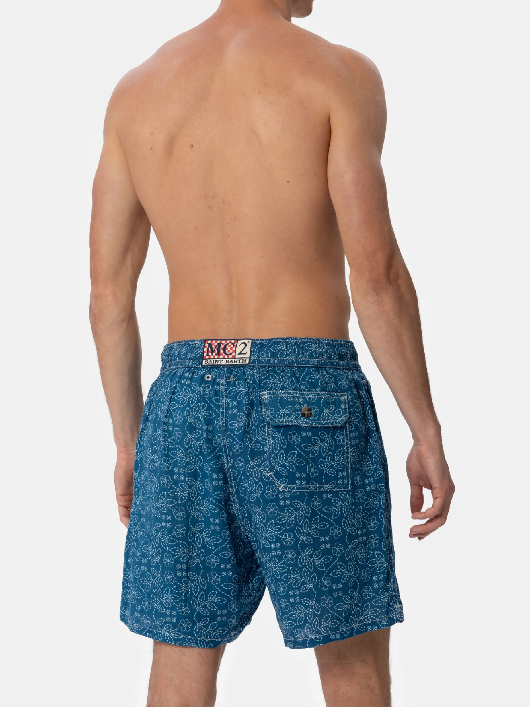 Mittellange Herren-Badeshorts Gustavia aus Leinen mit Sashiko-Print