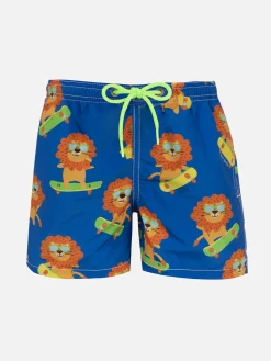 Mittellange Jeans-Badeshorts für Jungen mit Skating-Leo-Print