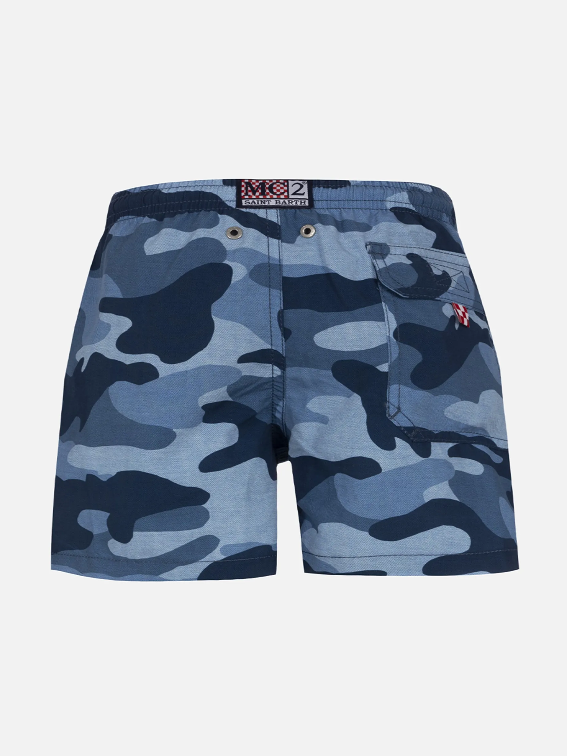 Mittellange Jeans-Badeshorts für Jungen mit Tarnmuster