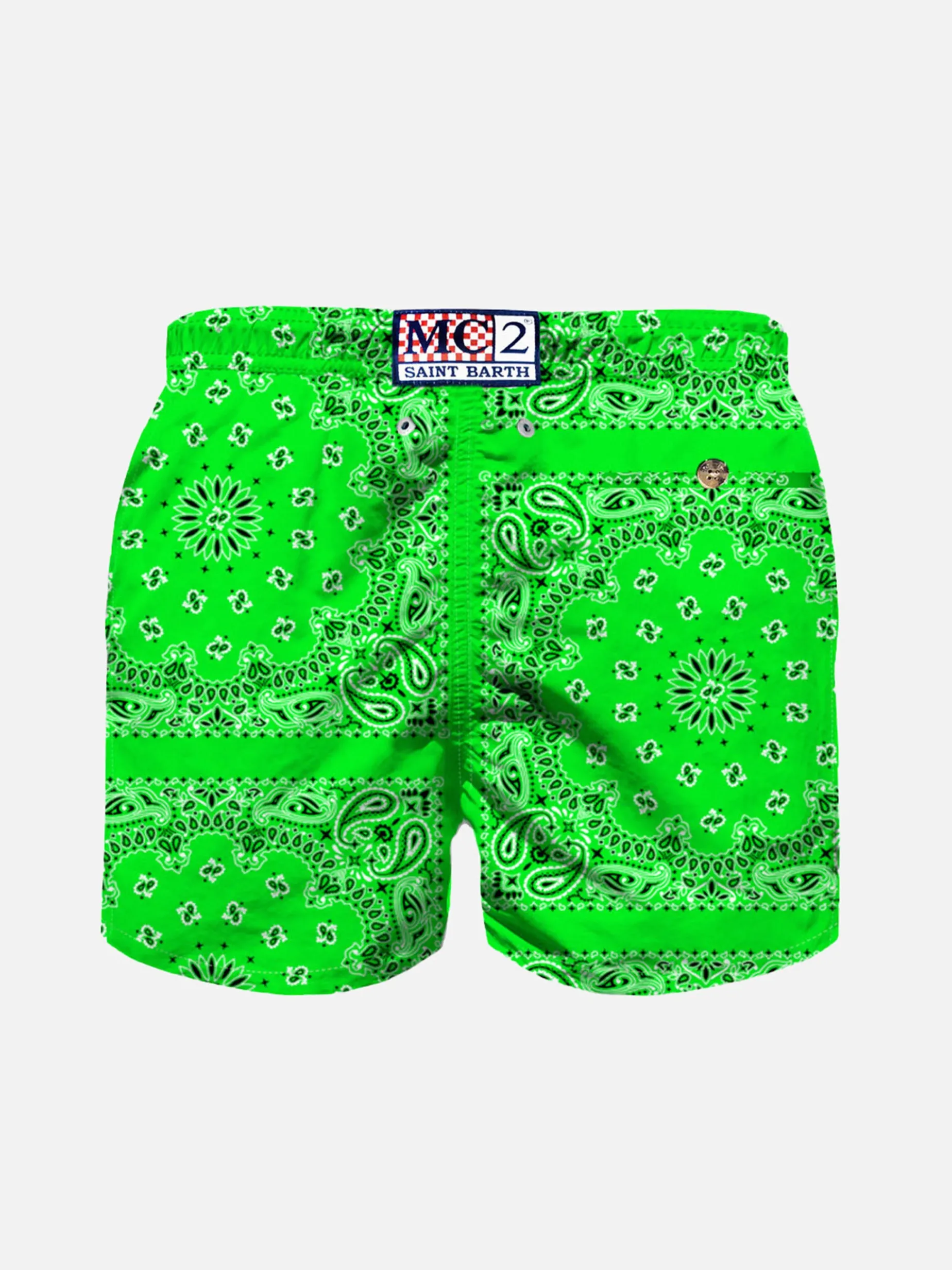 Neongrüne Badeshorts für Jungen mit Bandana-Aufdruck