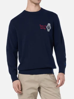 Nevy blauer Herrenpullover Heron mit Time is money-Stickerei