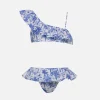 One-Shoulder-Bikini Rey mit Rüschen für Mädchen mit Toile de Jouy-Print