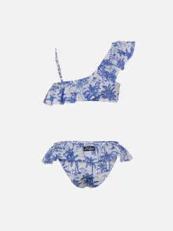One-Shoulder-Bikini Rey mit Rüschen für Mädchen mit Toile de Jouy-Print