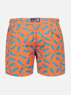 Orangefarbene Badeshorts für Jungen mit Mikro-Krokodil-Print