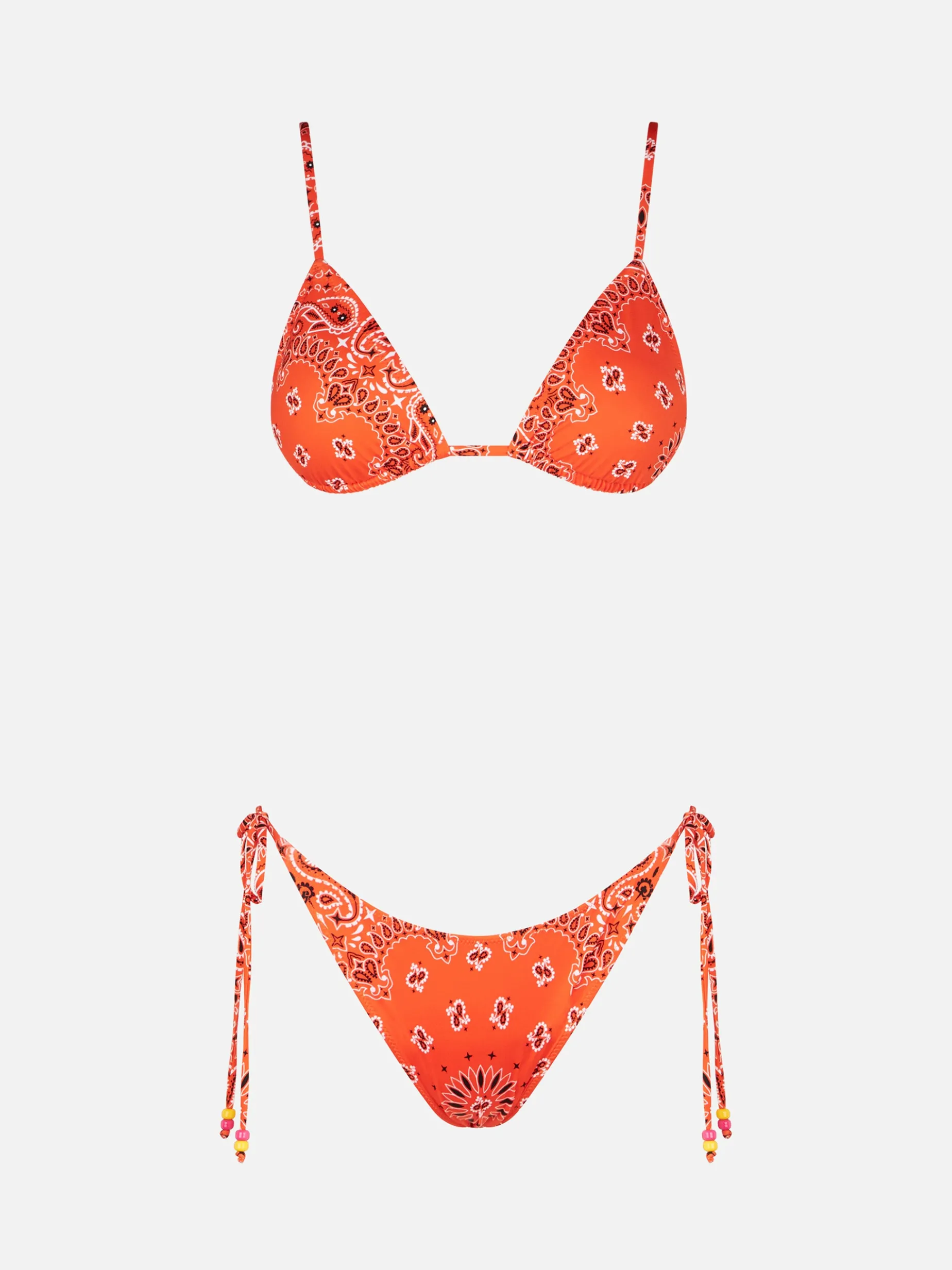 Orangefarbener Damen-Triangel-Bikini mit Bandana-Print