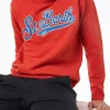 Orangefarbener Herrenpullover mit Rundhalsausschnitt und St. Barth-Stickerei