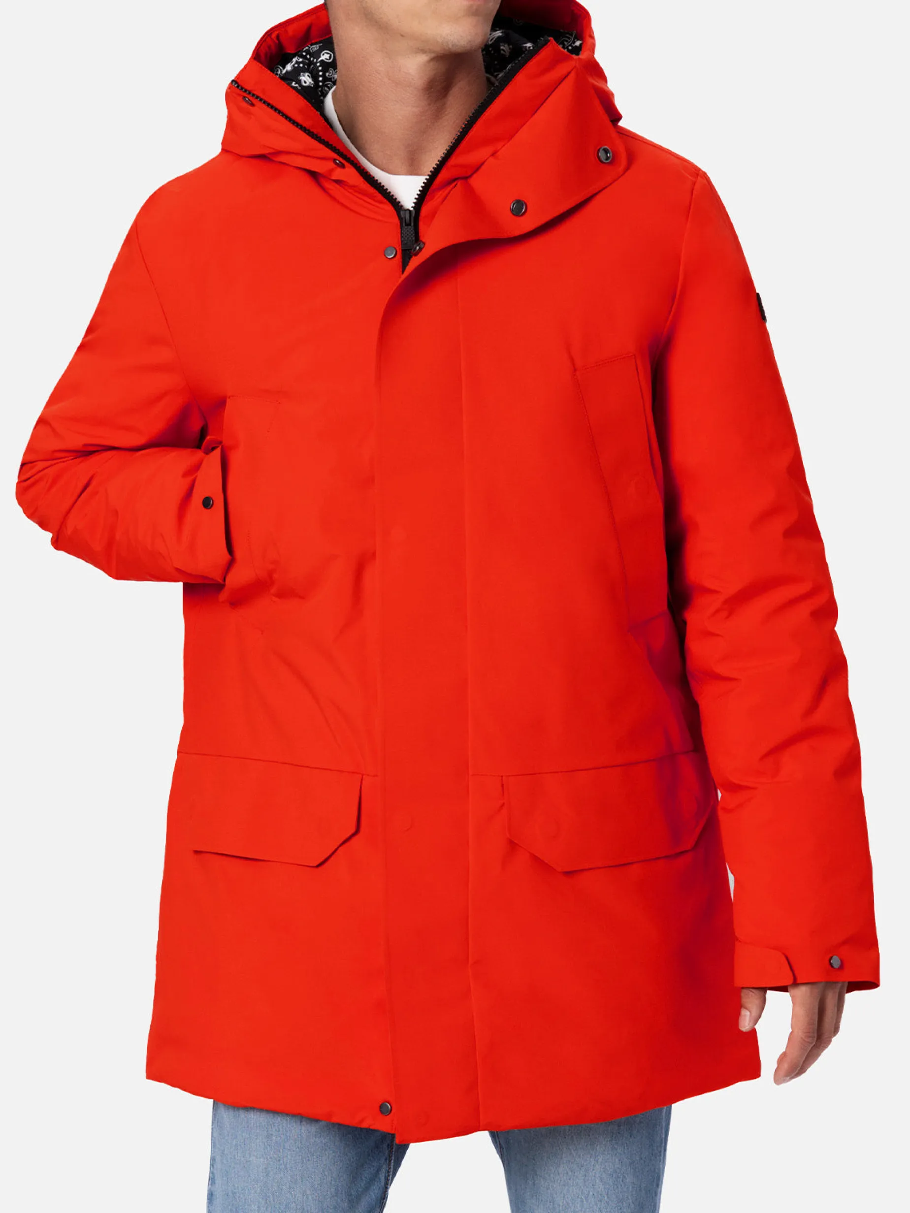 Orangefarbener Parka für Herren mit Kapuze und Bandana-Futter
