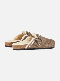 Pelzige Damen-Sandalen-Clogs mit Fischgrätenmuster