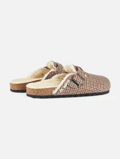 Pelzige Damen-Sandalen-Clogs mit Pied-de-Poule-Aufdruck