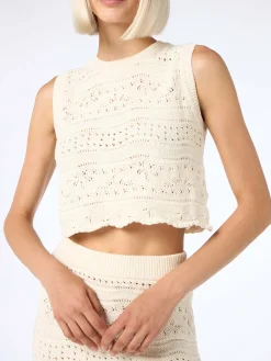 Ärmelloses Damen-Stricktop aus Baumwolle Pfirsich
