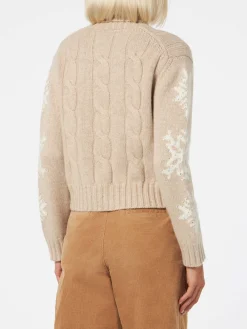 Rollkragenpullover für Damen mit Flechtmuster und Schneeflocken-Strasssteinen